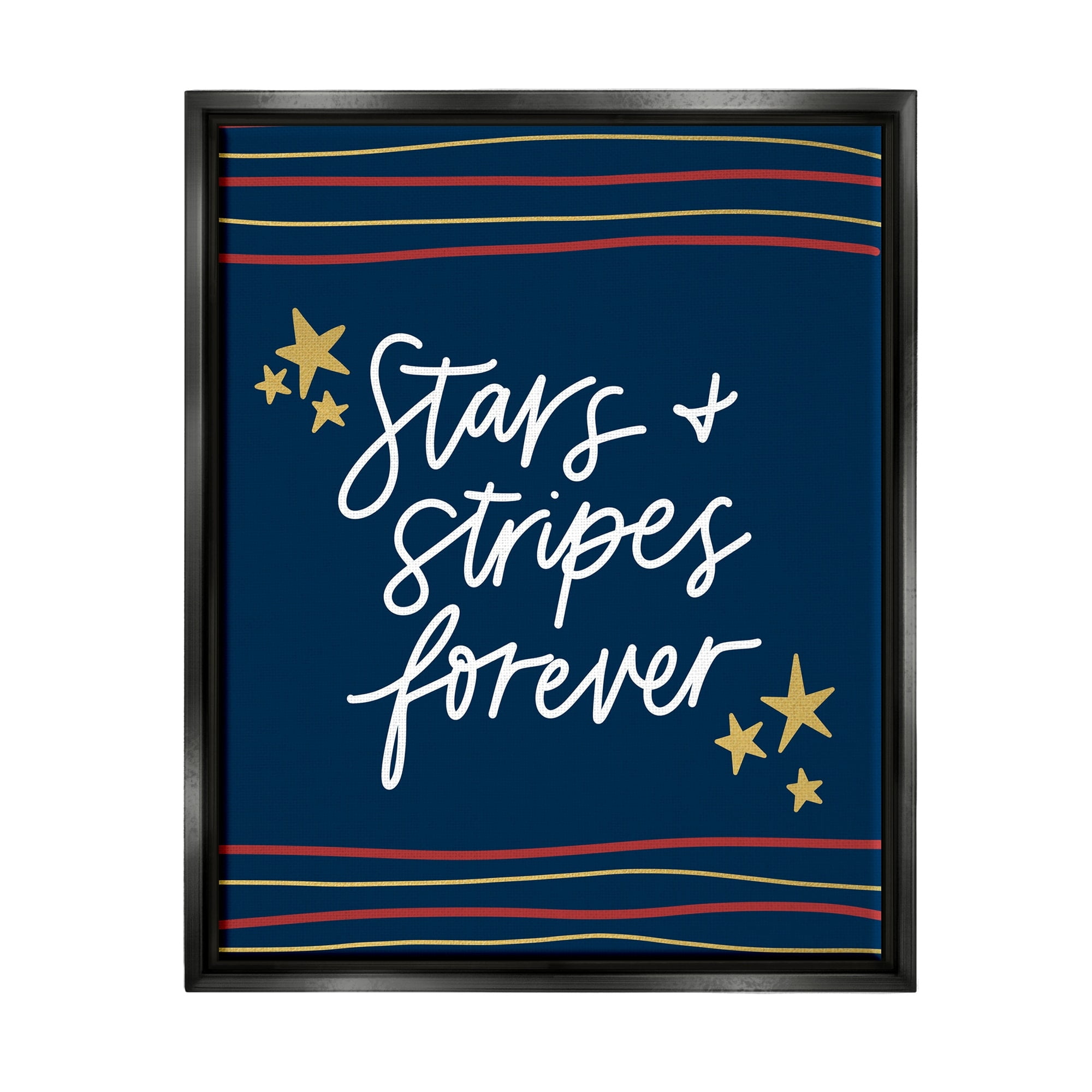 Stupell Industries Stars Stripes Forever Americana Independence Day Graphic Art Jet Black Floating Framed Canvas Print Wall Art, Design by Amanda Houston