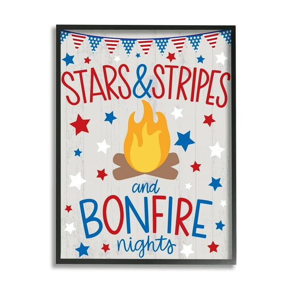Stupell Industries Stars Stripes and Bonfire Phrase Nights Americana Pride Holiday Painting Black Framed Art Print Wall Art, 11 x 14
