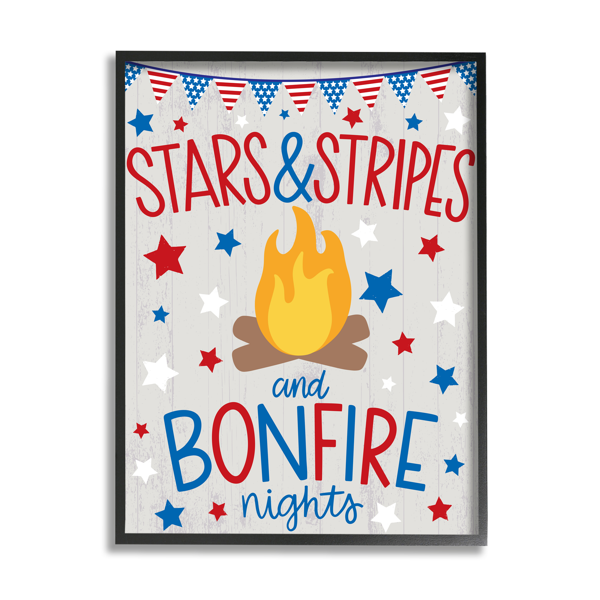 Stupell Industries Stars Stripes and Bonfire Phrase Nights Americana Pride Holiday Painting Black Framed Art Print Wall Art, 24 x 30