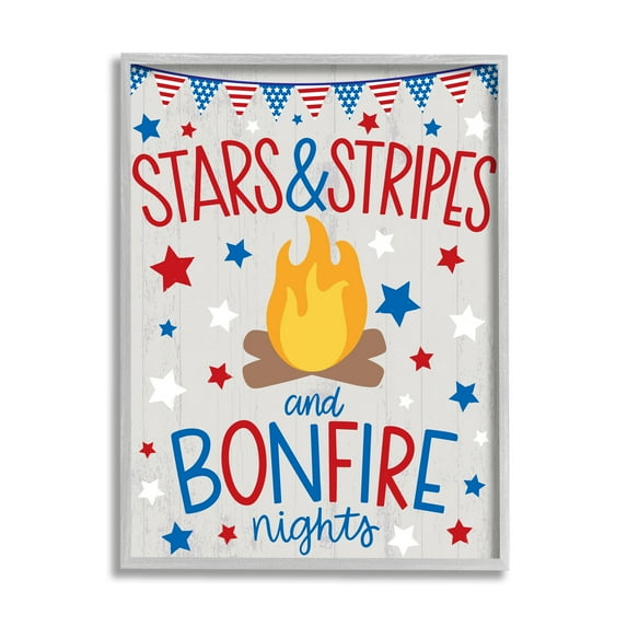 Stupell Industries Stars Stripes and Bonfire Phrase Nights Americana Pride Holiday Painting Gray Framed Art Print Wall Art, 24 x 30