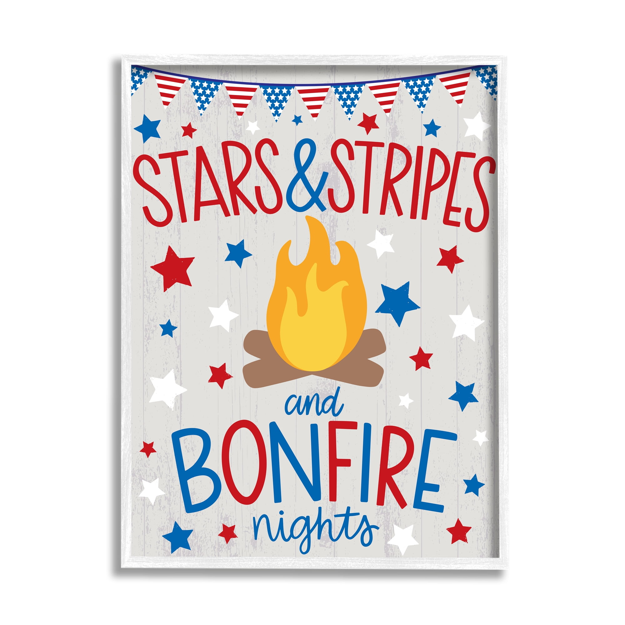 Stupell Industries Stars Stripes and Bonfire Phrase Nights Americana Pride Holiday Painting White Framed Art Print Wall Art, 11 x 14
