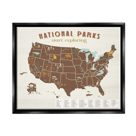 Stupell Industries Start Exploring National Parks Map United States Jet Black Framed Floating Canvas Wall Art, 16x20, by Daphne Polselli