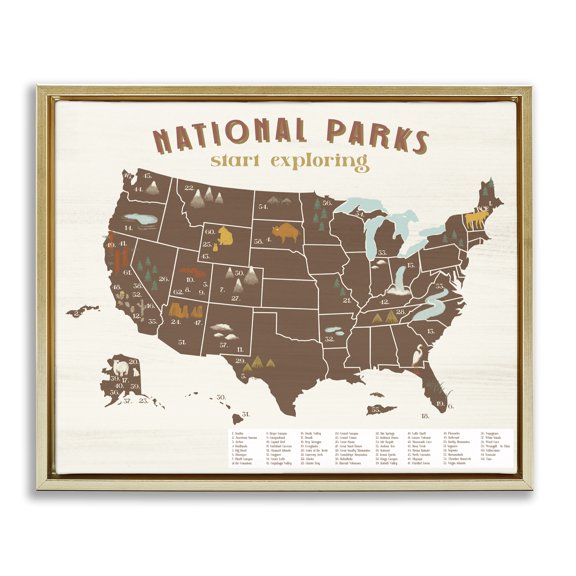 Stupell Industries Farmhouse Start Exploring National Parks Map United States Gold Floating Frame Canvas Art, 21 x 17, by Lil' Rue
