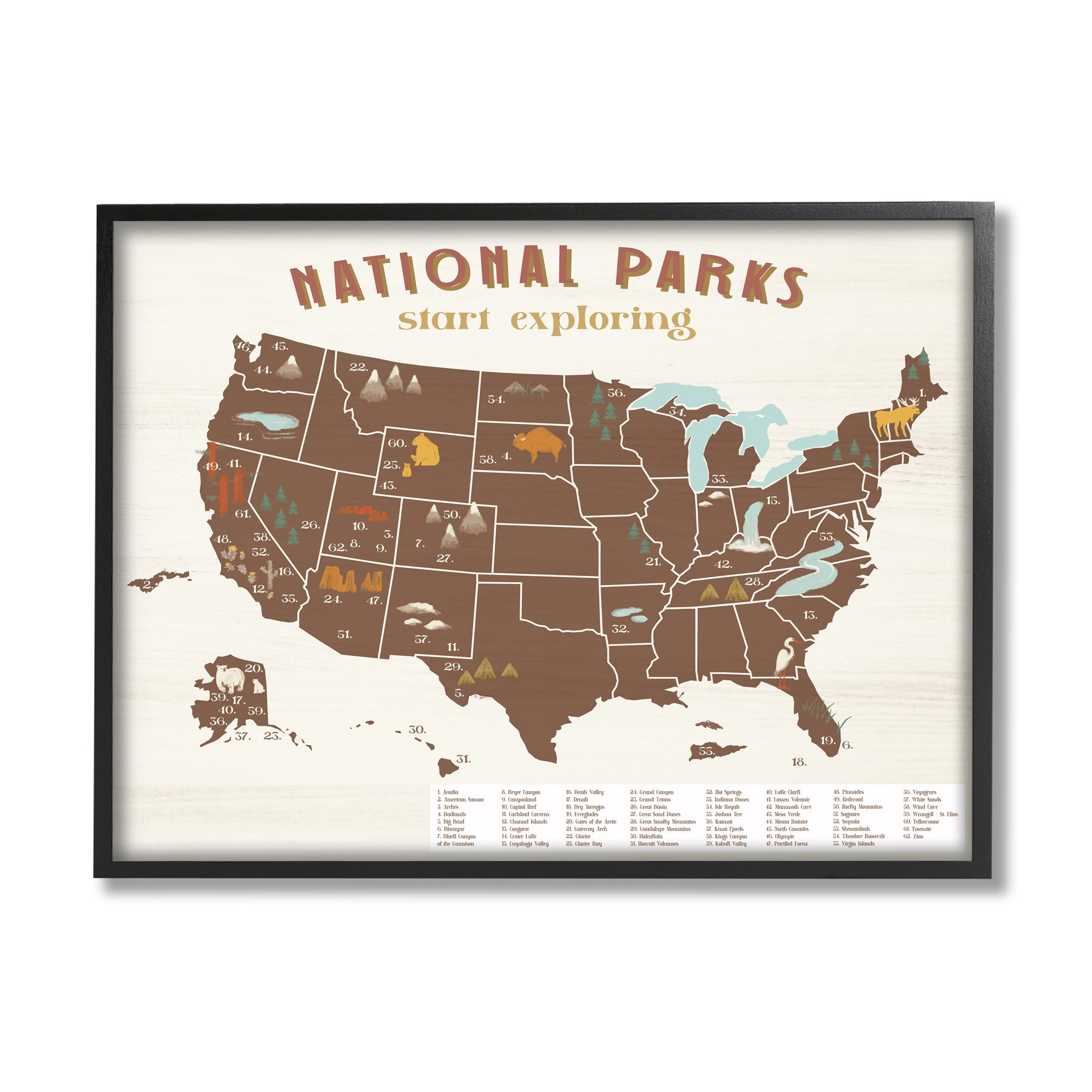 Stupell Industries Start Exploring National Parks Map United States Modern Painting Black Framed Art Print Wall Art, 24 x 30, Design by Daphne Polselli