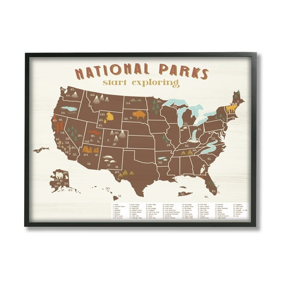 Stupell Industries Start Exploring National Parks Map United States Town & City Painting Black Framed Art Print Wall Art, 16 x 20