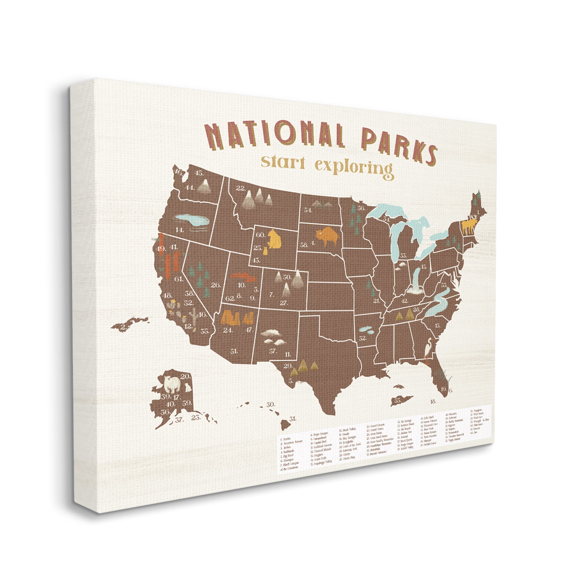 Stupell Industries Start Exploring National Parks Map United States Town & City Painting Gallery Wrapped Canvas Print Wall Art, 16 x 20