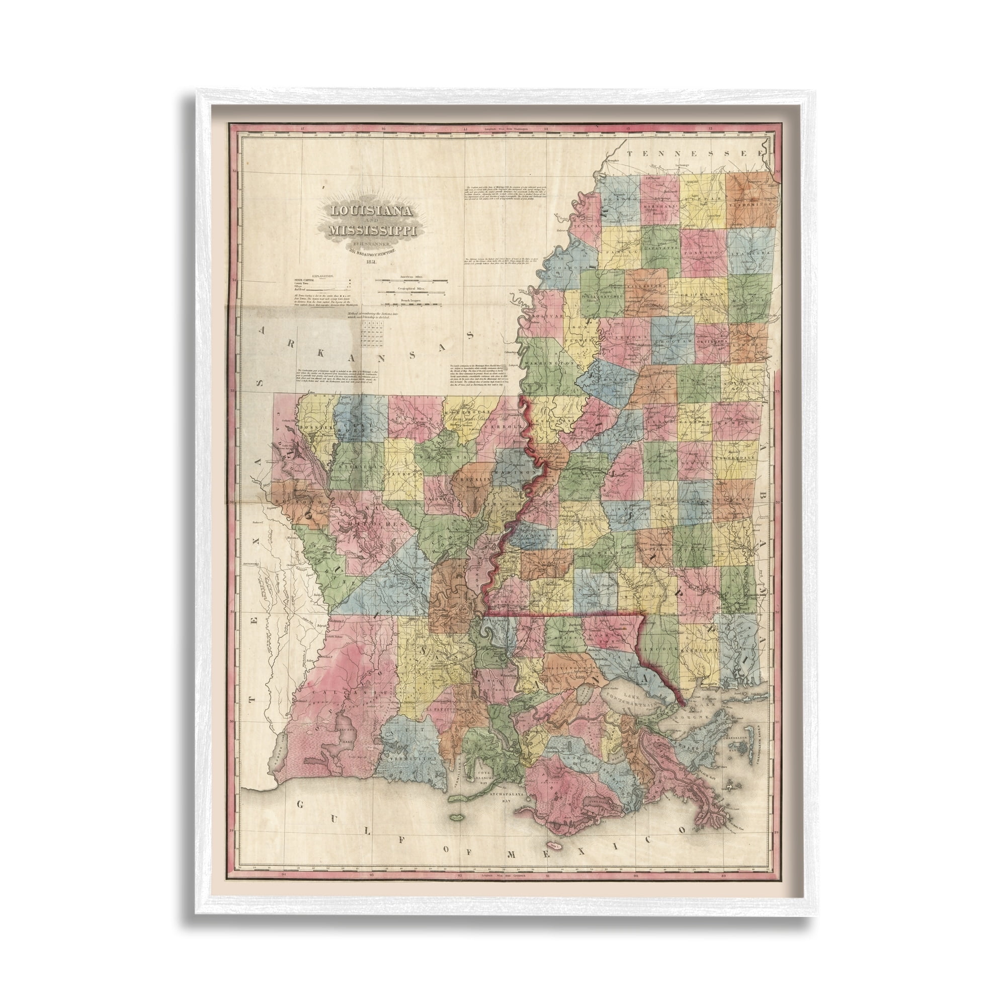 Stupell Industries State Map of Louisiana Mississippi Vintage US Cartography, 16 x 20, Design by Daphne Polselli