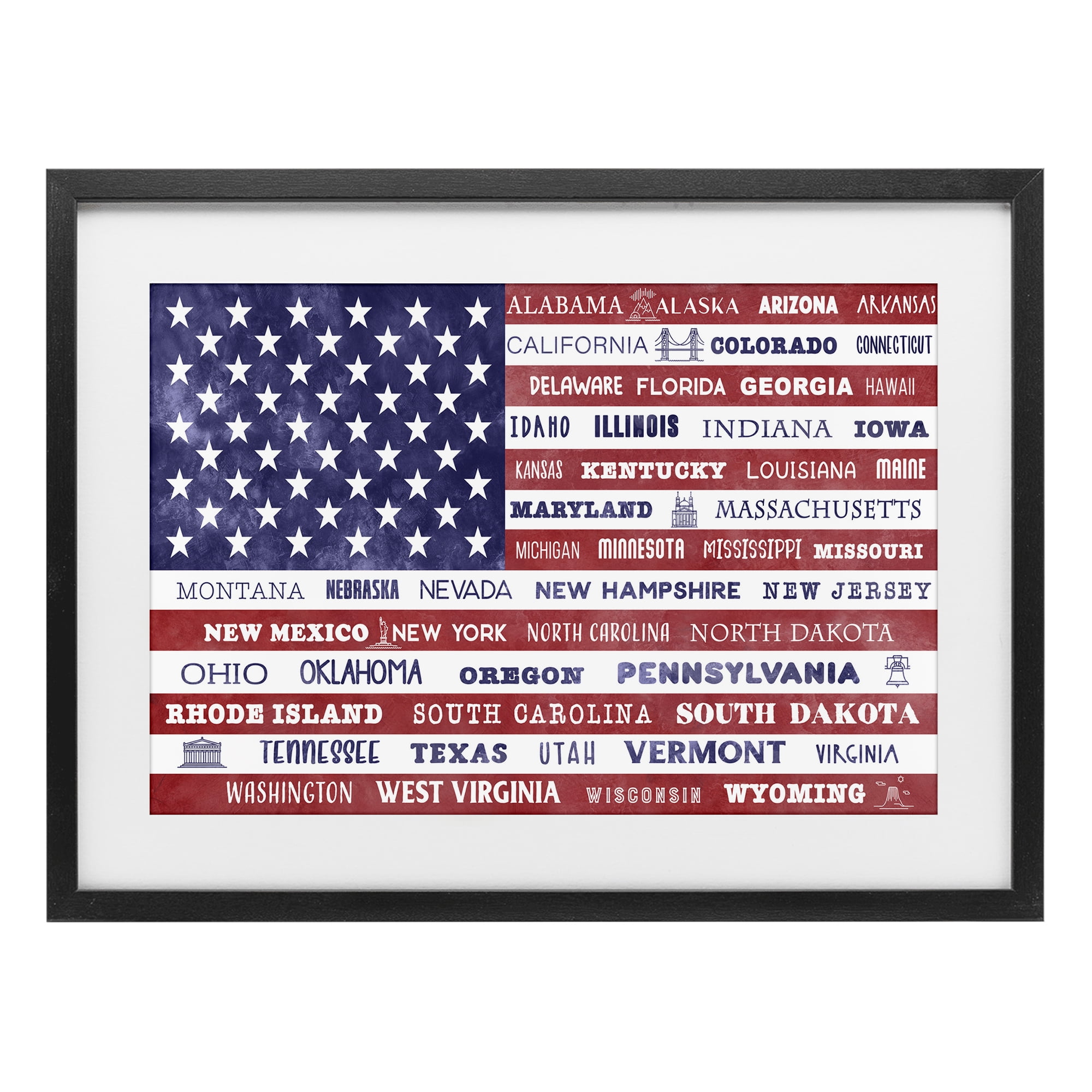 Stupell Industries States Of America Flag Black Framed Print Under Glass, design by Daniela Santiago