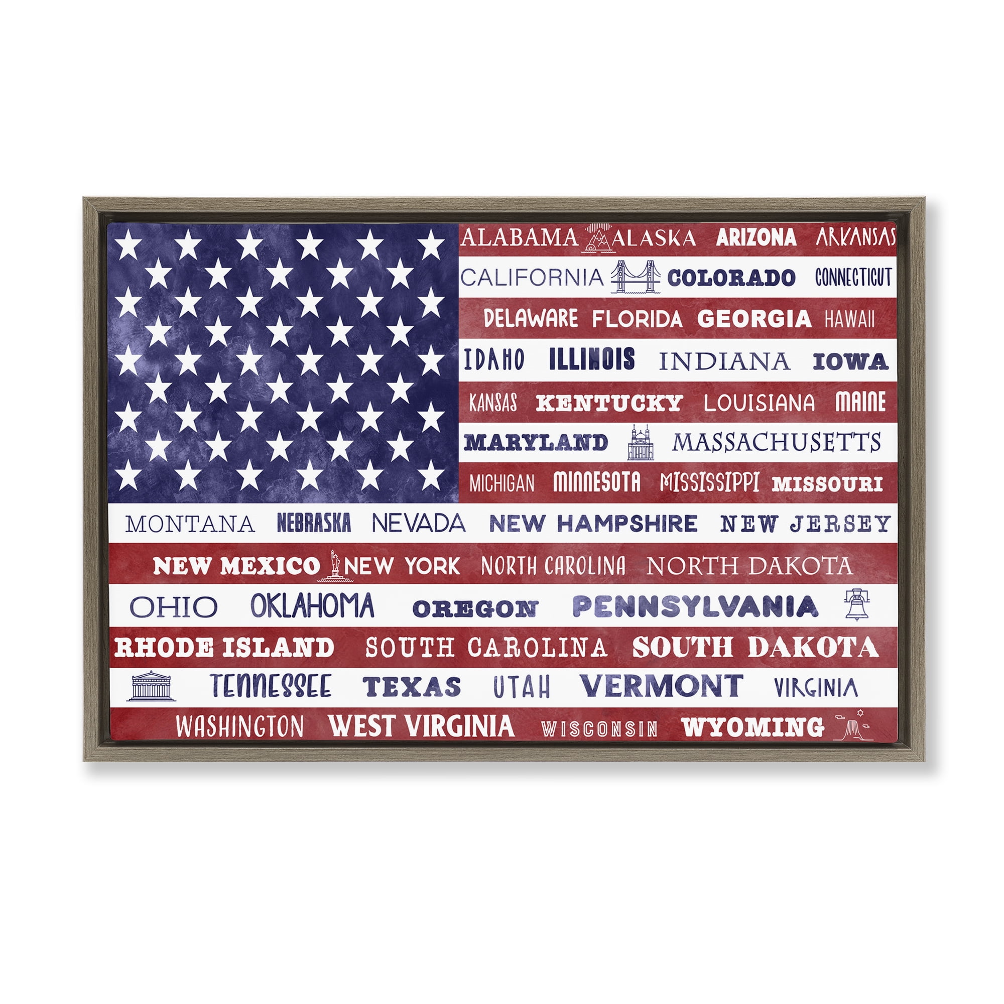 Stupell Industries States Of America Flag Brown Framed Floater Canvas Wall Art, design by Daniela Santiago