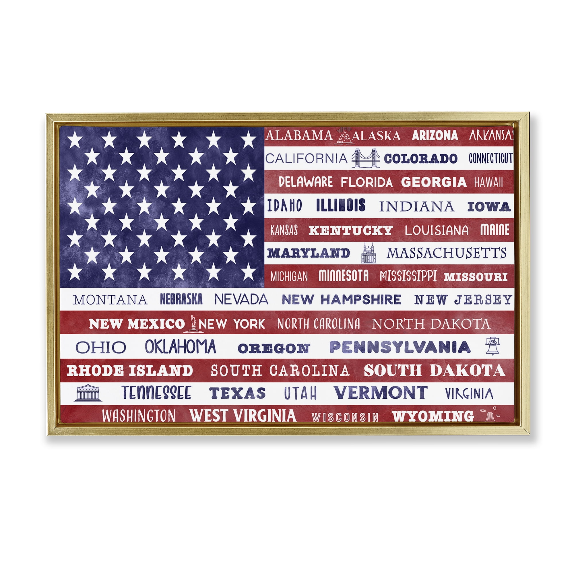 Stupell Industries States Of America Flag Gold Framed Floater Canvas Wall Art, design by Daniela Santiago