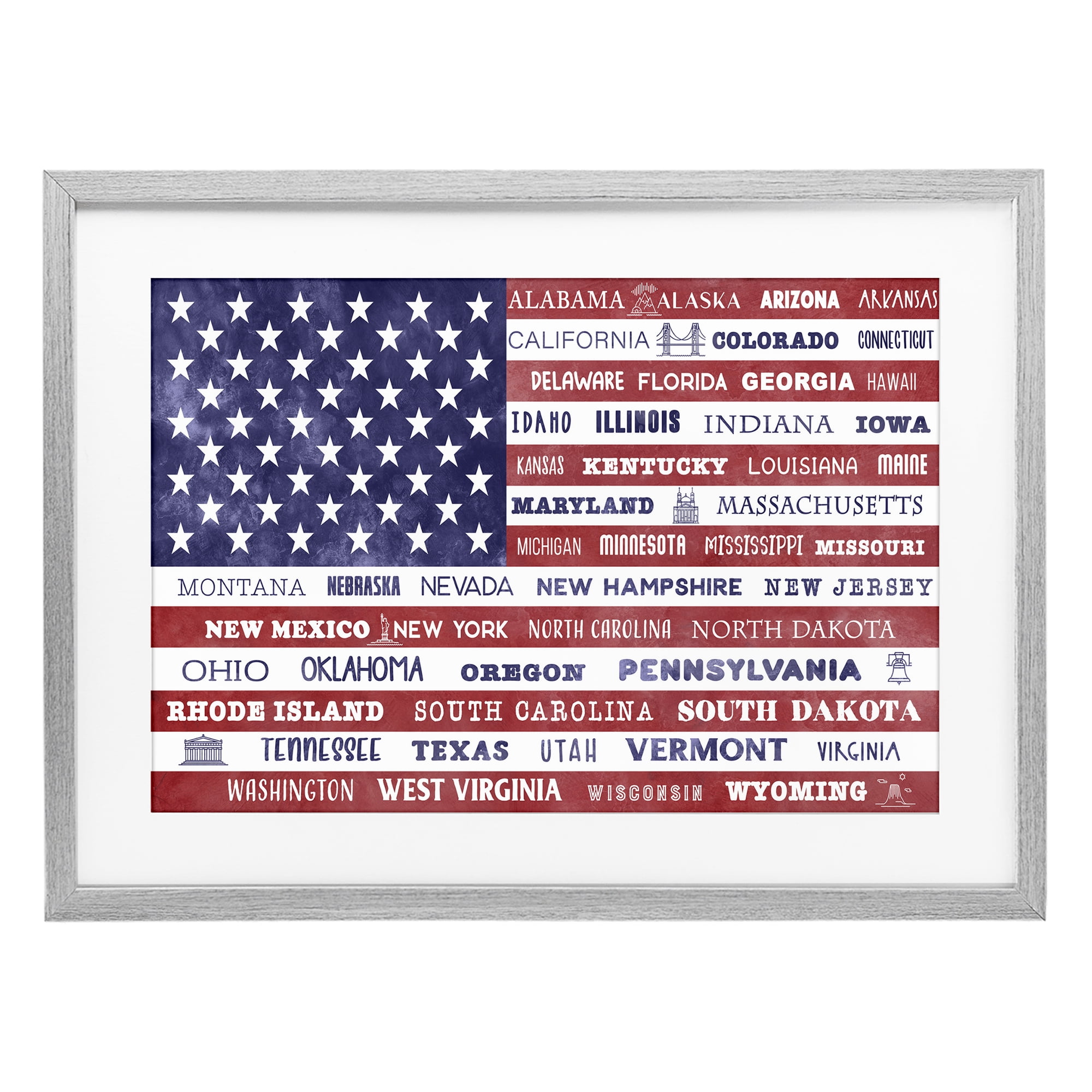 Stupell Industries States Of America Flag Gray Framed Print Under Glass, design by Daniela Santiago