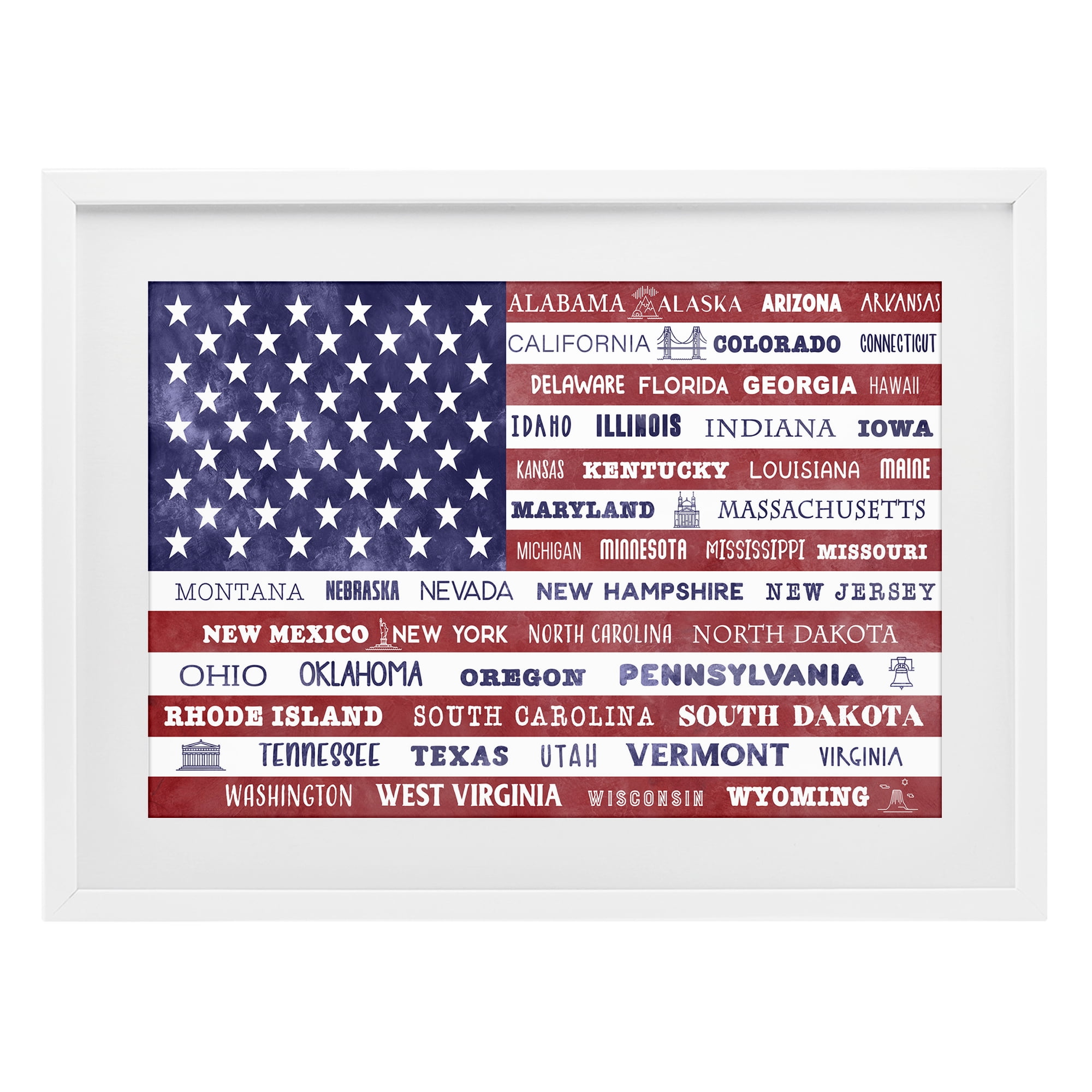 Stupell Industries States Of America Flag White Framed Print Under Glass, design by Daniela Santiago