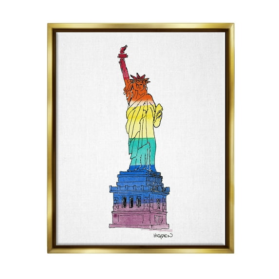 Stupell Industries Statue Of Liberty Pride Rainbow Holiday Painting Gold Floater Framed Art Print Wall Art