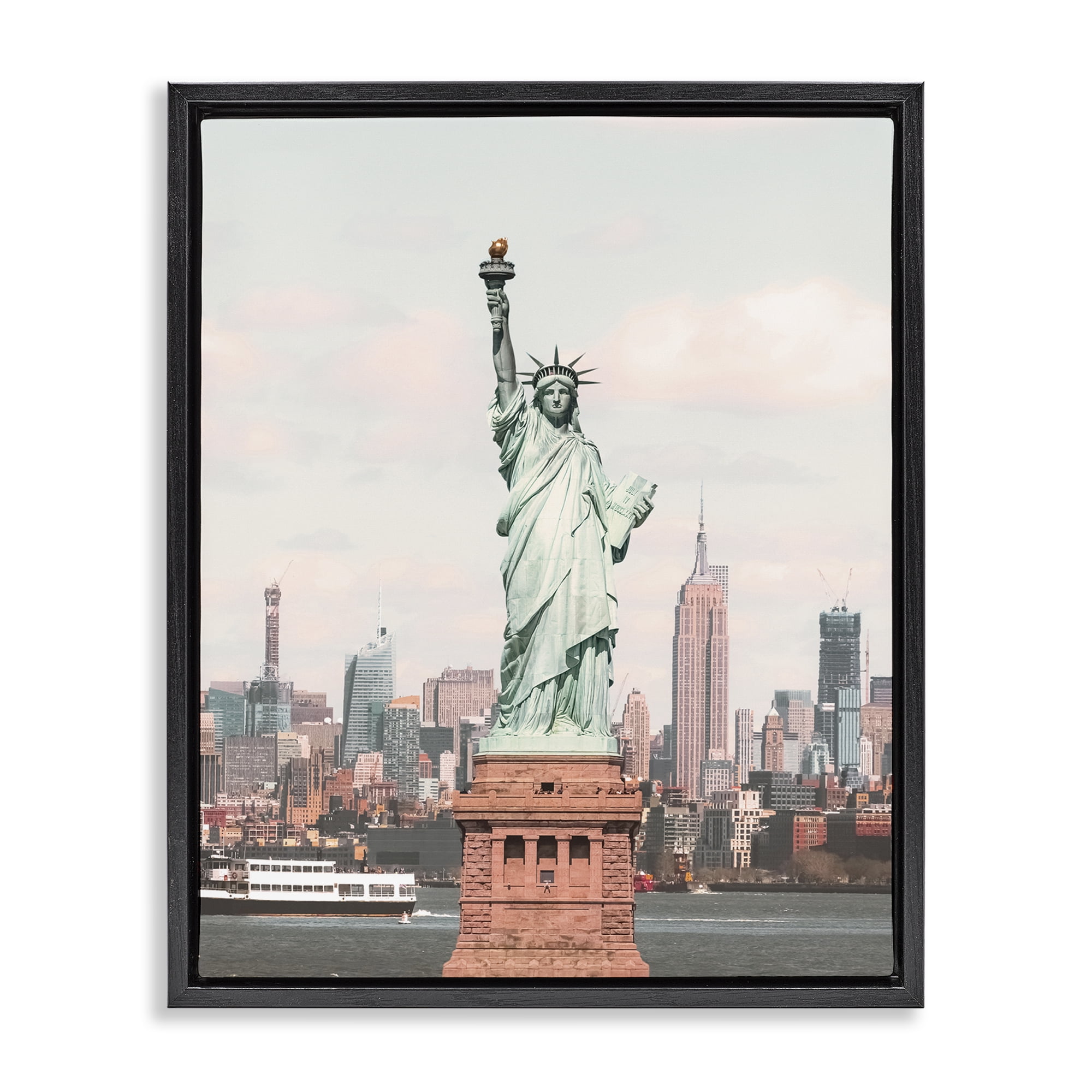 Stupell Industries Statue of Liberty Skyline Cities & Countries Photography Black Floater Framed Canvas Art Print Wall Art, 25 x 31