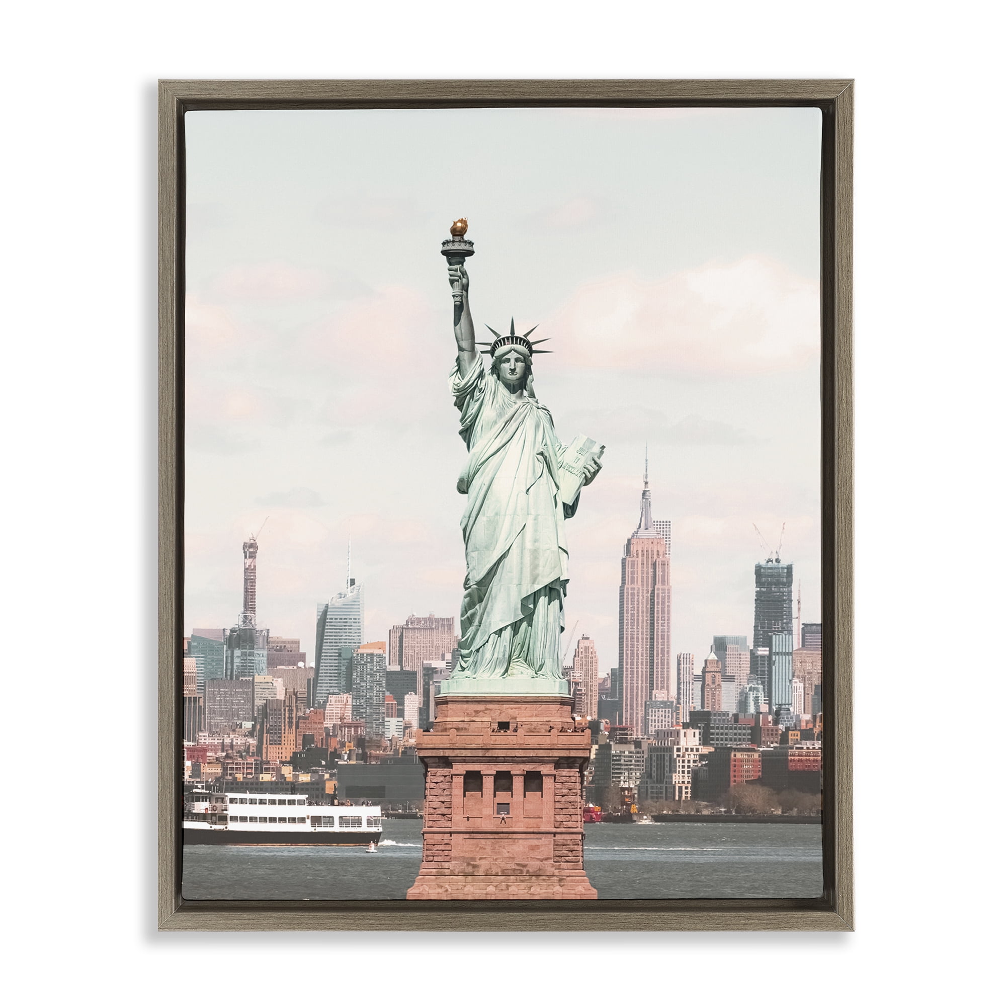 Stupell Industries Statue of Liberty Skyline Cities & Countries Photography Brown Floater Framed Canvas Art Print Wall Art, 25 x 31