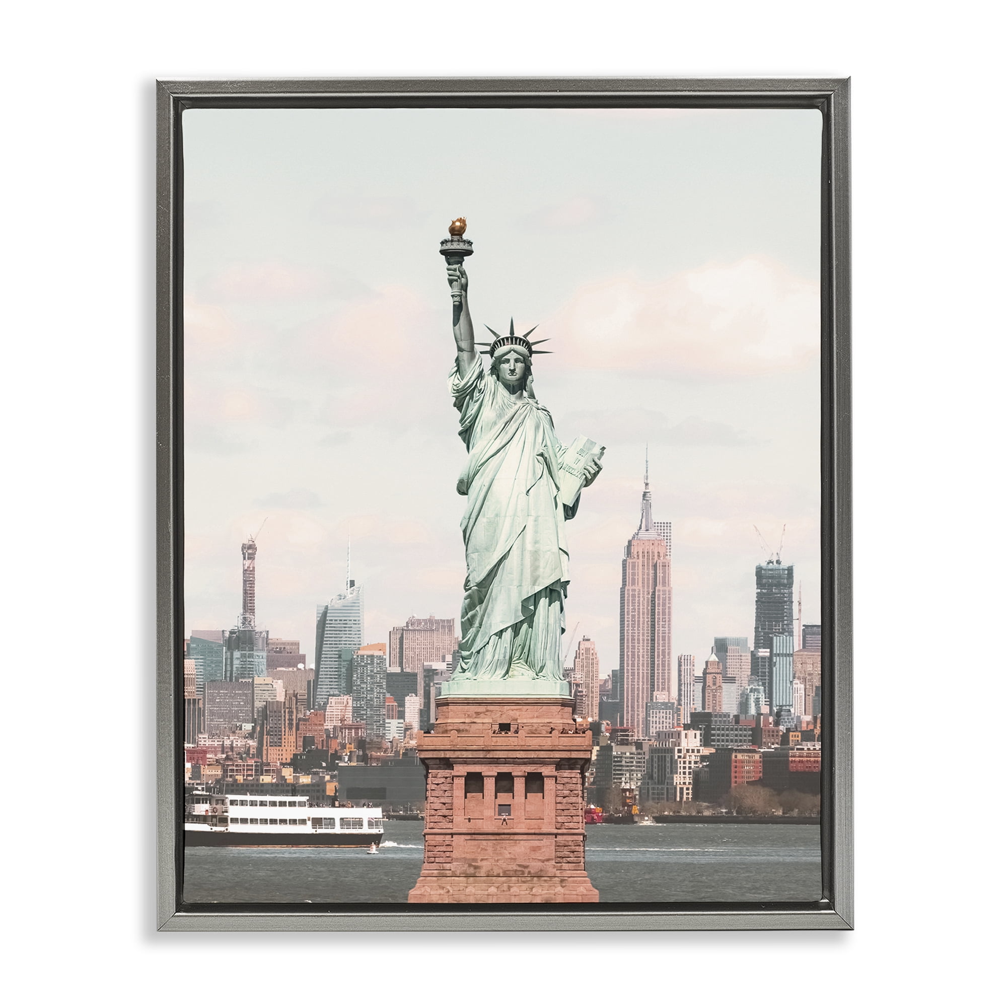 Stupell Industries Statue of Liberty Skyline Cities & Countries Photography Gray Floater Framed Canvas Art Print Wall Art, 25 x 31