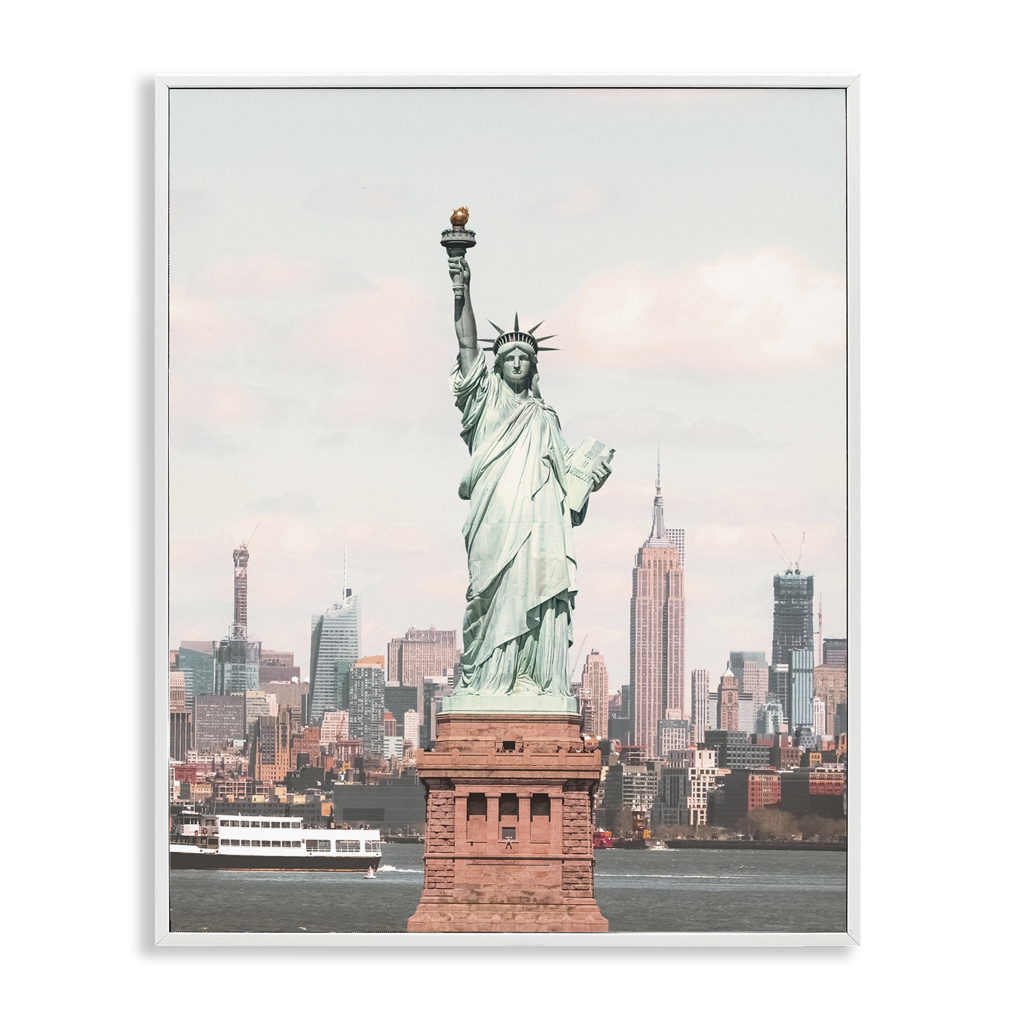 Stupell Industries Statue of Liberty Skyline Cities & Countries Photography White Framed Art Print Wall Art, 11 x 14