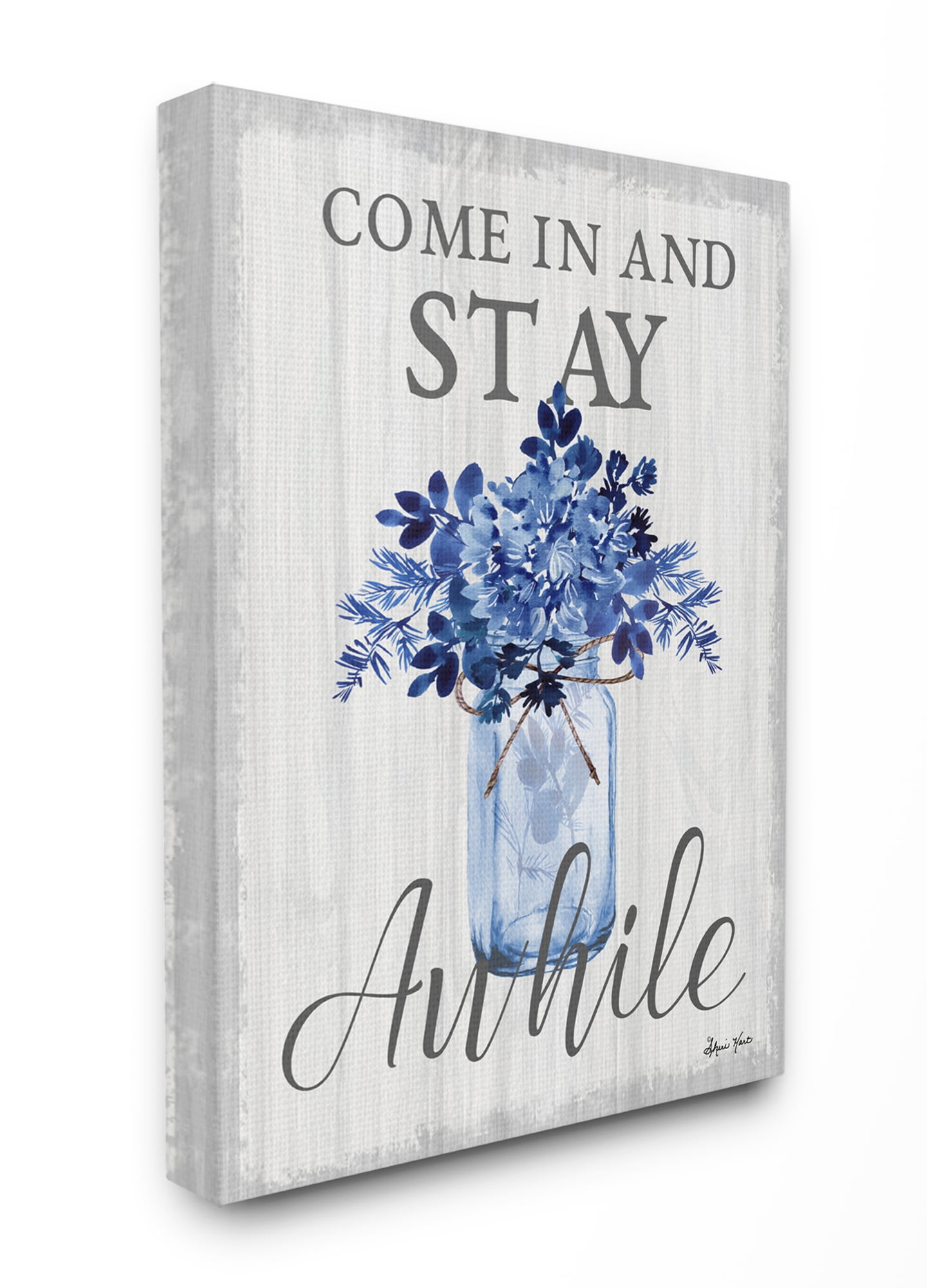 Stupell Industries Stay Awhile Blue Flower Jar Gray Word Design Canvas Wall Art by Sheri Hart, 24" x 30", Canvas