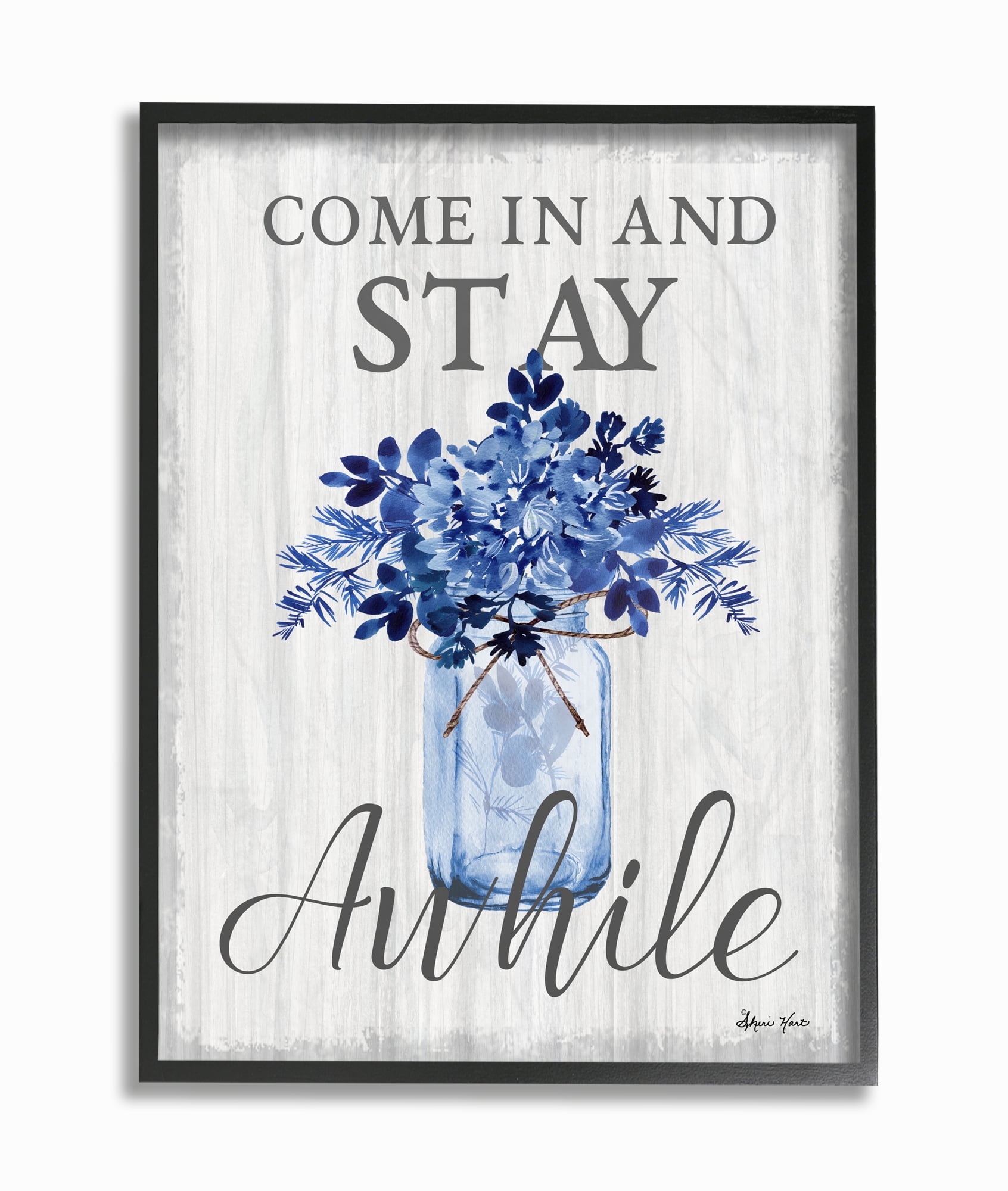 Stupell Industries Stay Awhile Blue Flower Jar Gray Word Design Framed Wall Art by Sheri Hart