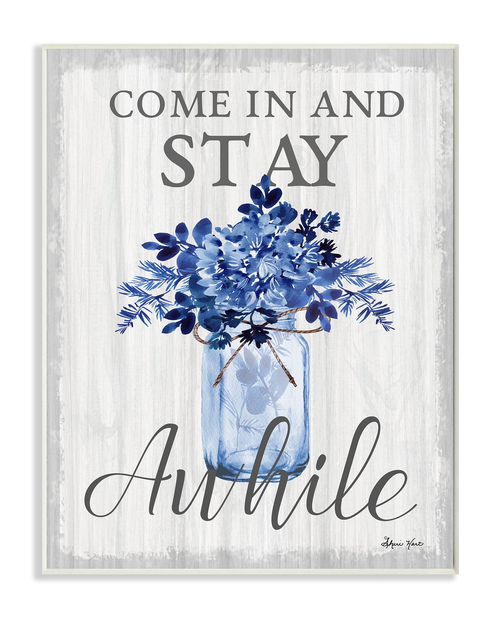 Stupell Industries Stay Awhile Blue Flower Jar Grey Word Design Graphic Art Unframed Art Print Wall Art, 10x15, by Sheri Hart