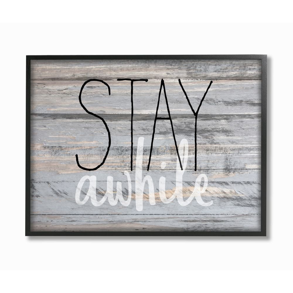 Stupell Industries Stay Awhile Country Home Wood Textured Word Design Framed Giclee Texturized Art by Kimberly Allen