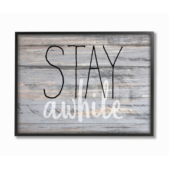 Stupell Industries Stay Awhile Country Home Wood Textured Word Design Framed Giclee Texturized Art by Kimberly Allen
