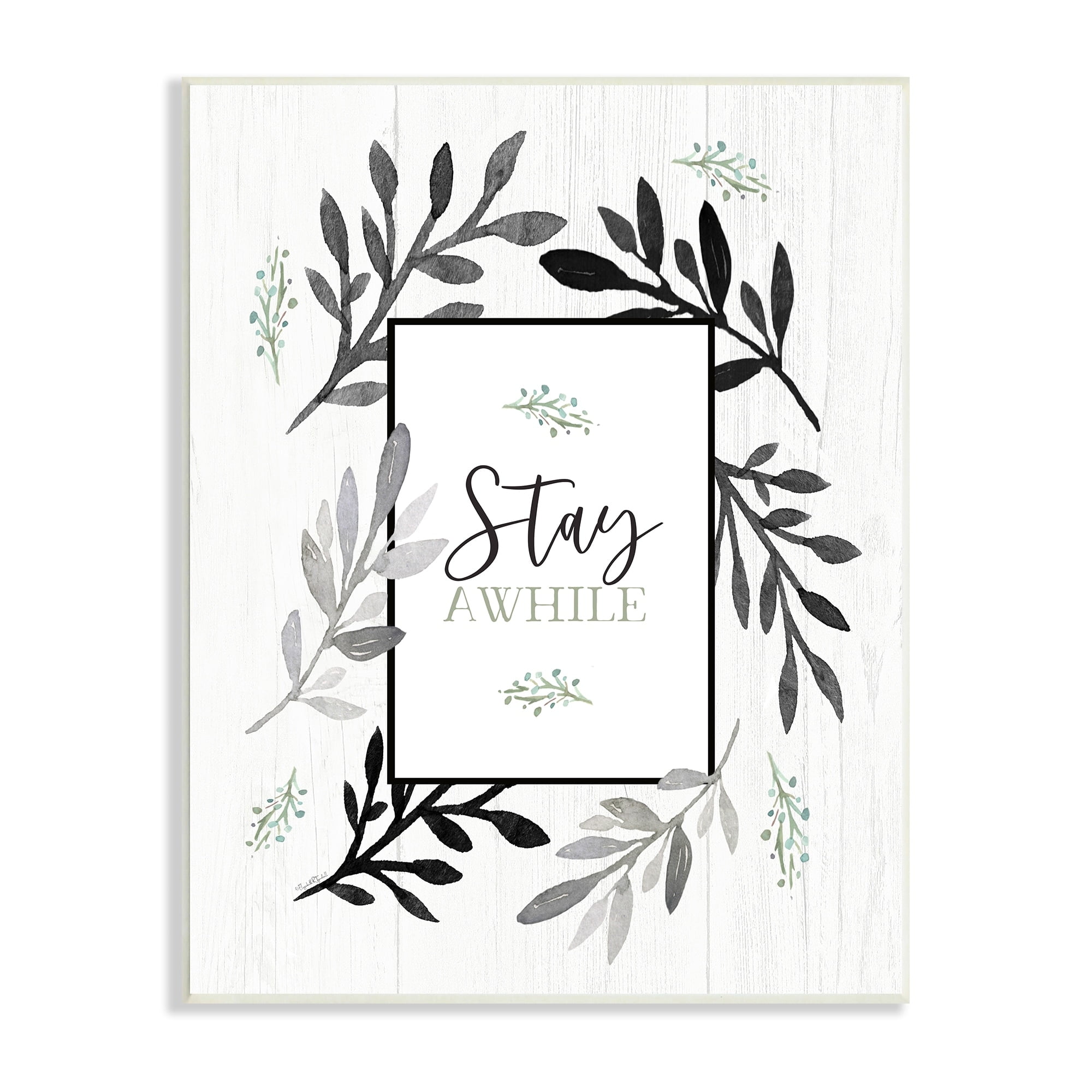 Stupell Industries Stay Awhile Phrase Country Herb Foliage Border,13 x 19, Design by Elizabeth Tyndall
