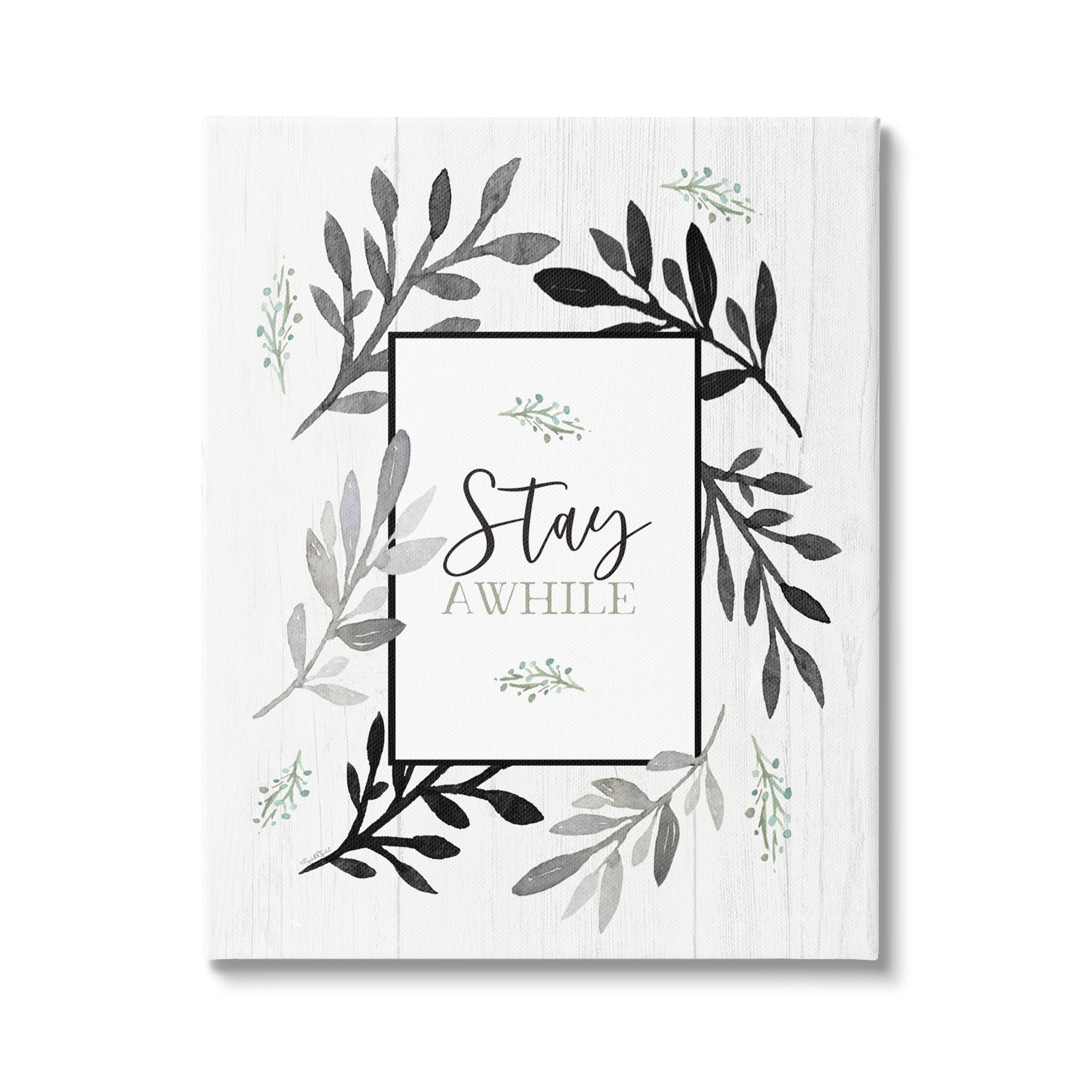 Stupell Industries Stay Awhile Phrase Country Herb Foliage Border,16 x 20, Design by Elizabeth Tyndall
