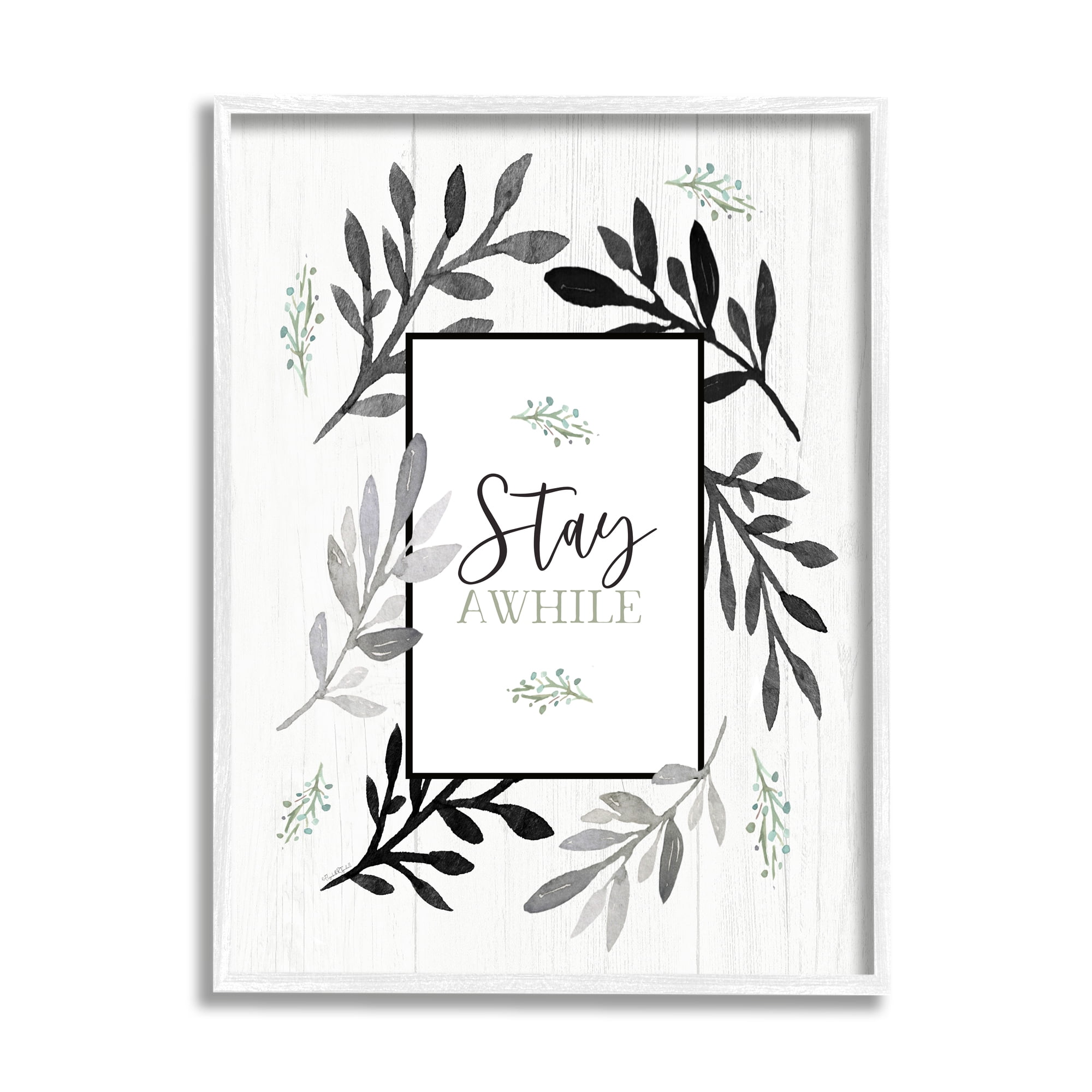 Stupell Industries Stay Awhile Phrase Country Herb Foliage Border,24 x 30, Design by Elizabeth Tyndall