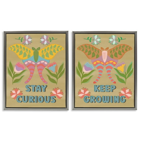 Stupell Industries Stay Curious & Keep Growing Quotes and Sayings Painting Gray Floater Framed Canvas Art Print Wall Art, 31 x 25, Set of 2
