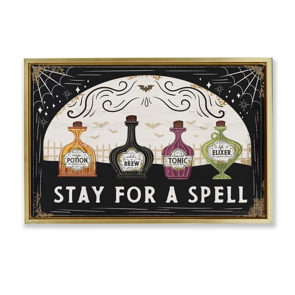 Stupell Industries Stay For A Spell Advertisements Painting Gold Floater Framed Canvas Art Print Wall Art, 25 x 17