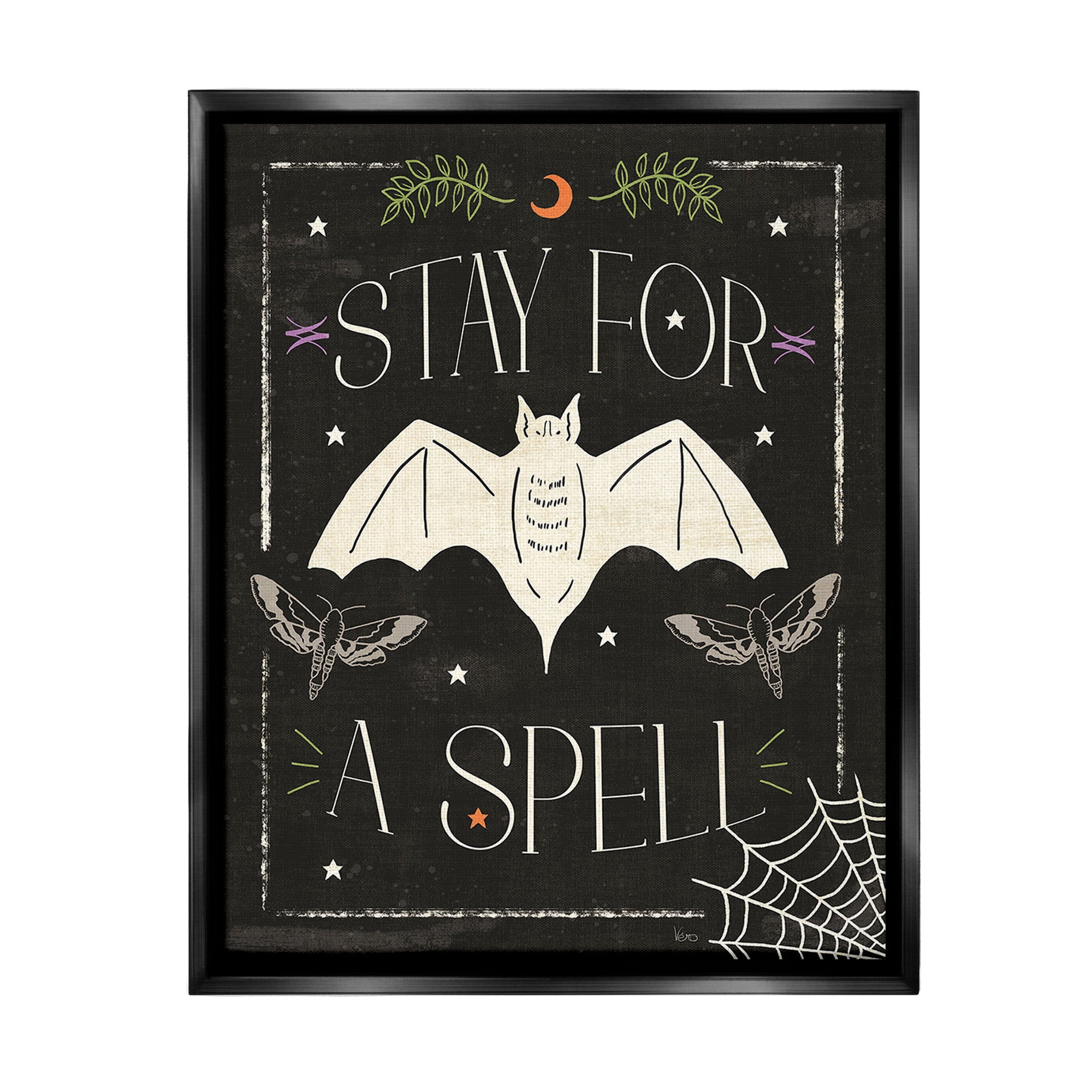 Stupell Industries Stay For A Spell Phrase Holiday Painting Black Floater Framed Canvas Art Print Wall Art, 17 x 21