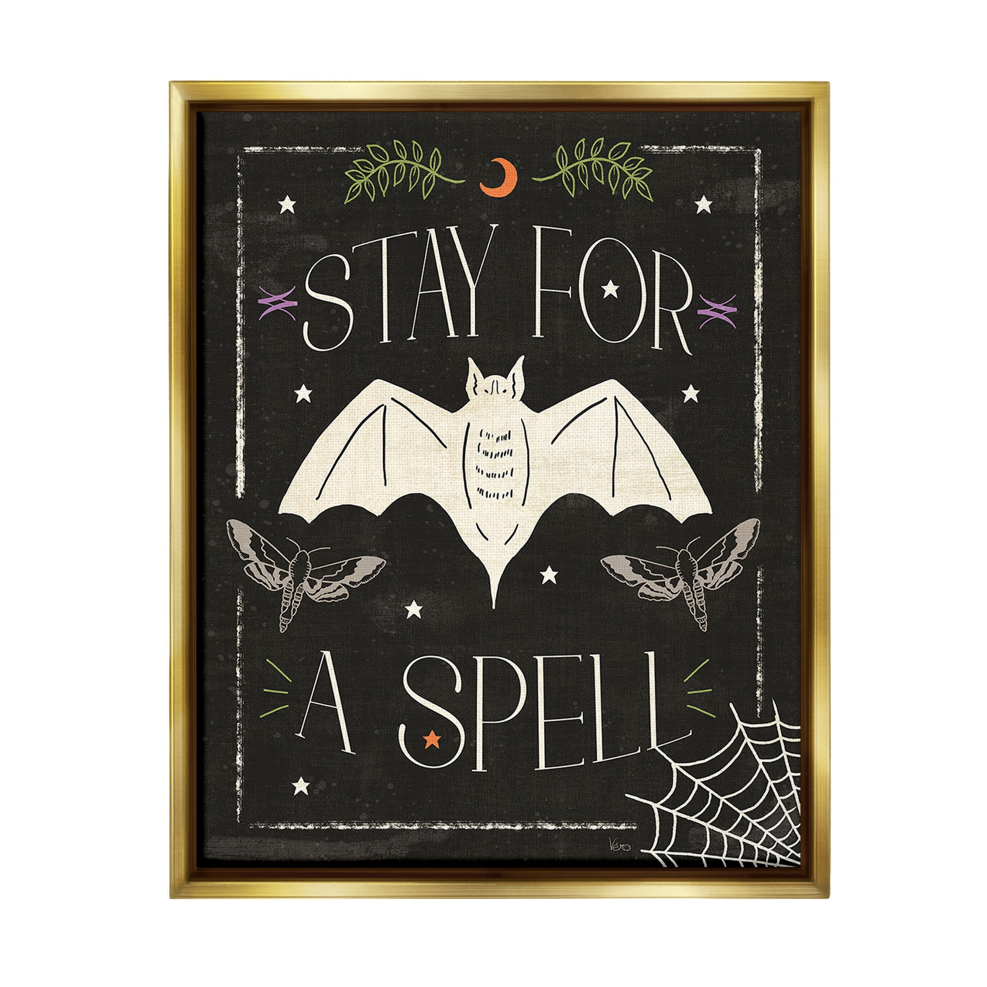 Stupell Industries Stay For A Spell Phrase Holiday Painting Gold Floater Framed Canvas Art Print Wall Art, 25 x 31