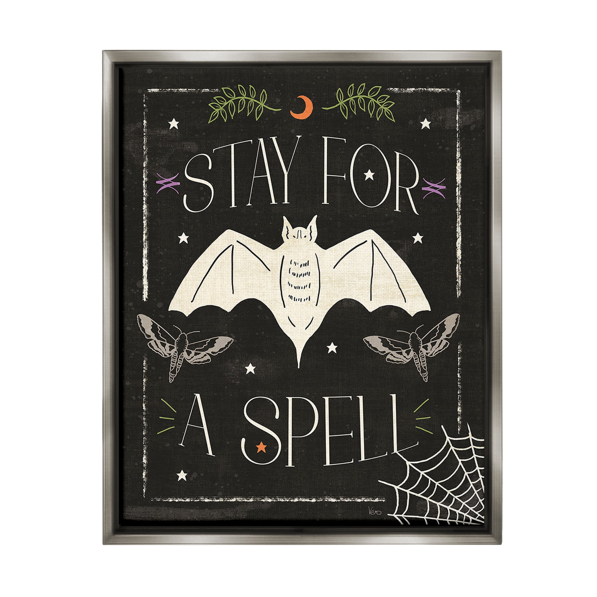 Stupell Industries Stay For A Spell Phrase Holiday Painting Gray Floater Framed Canvas Art Print Wall Art, 25 x 31