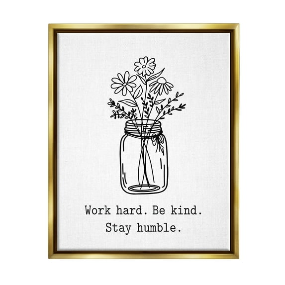 Stupell Industries Stay Humble Casual Floral Line Doodle Bouquet Graphic Art Metallic Gold Floating Framed Canvas Print Wall Art, Design by Lettered and Lined