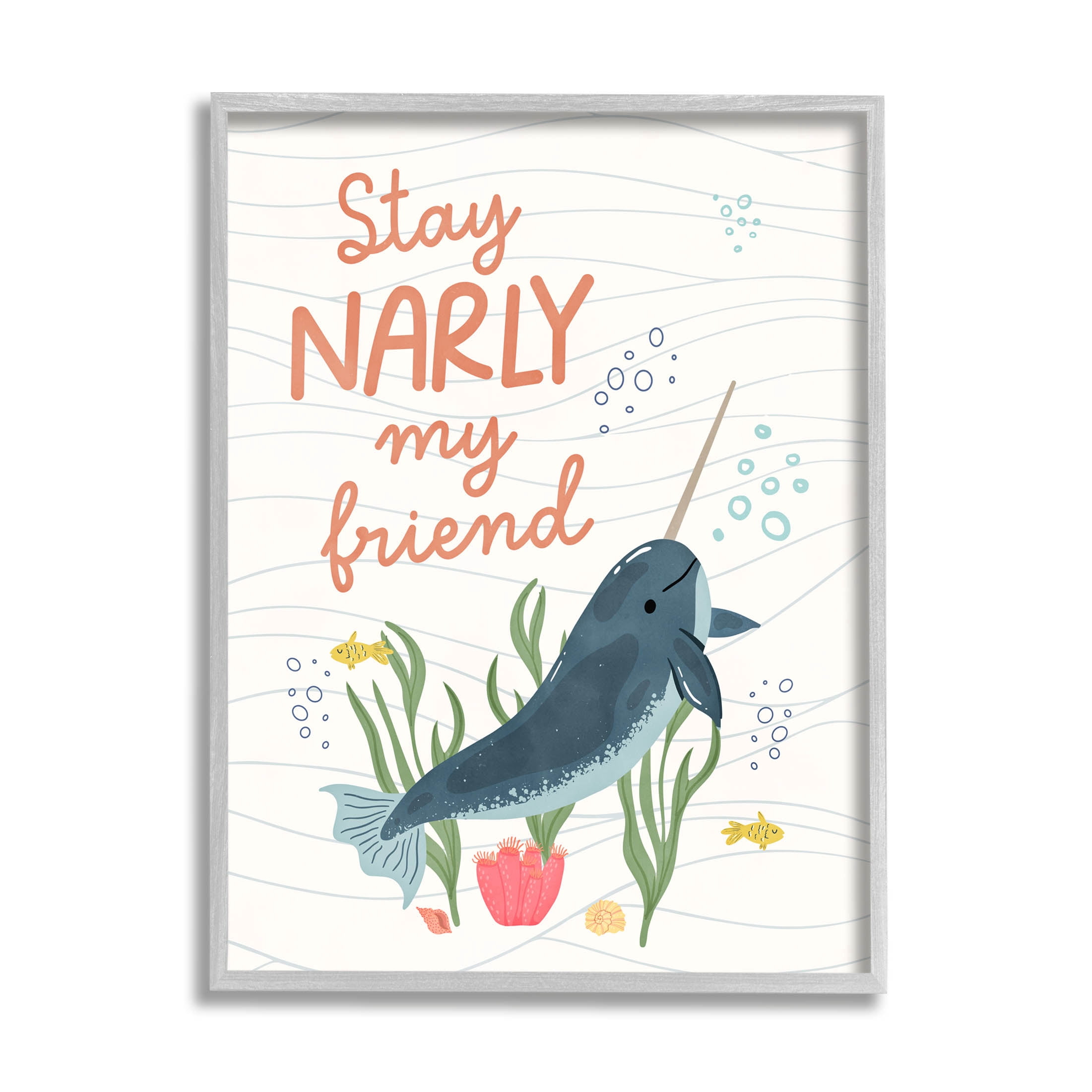 Stupell Industries Stay Narly My Friend Narwhal Graphic Art Gray Framed Art Print Wall Art, Design by Nina Blue