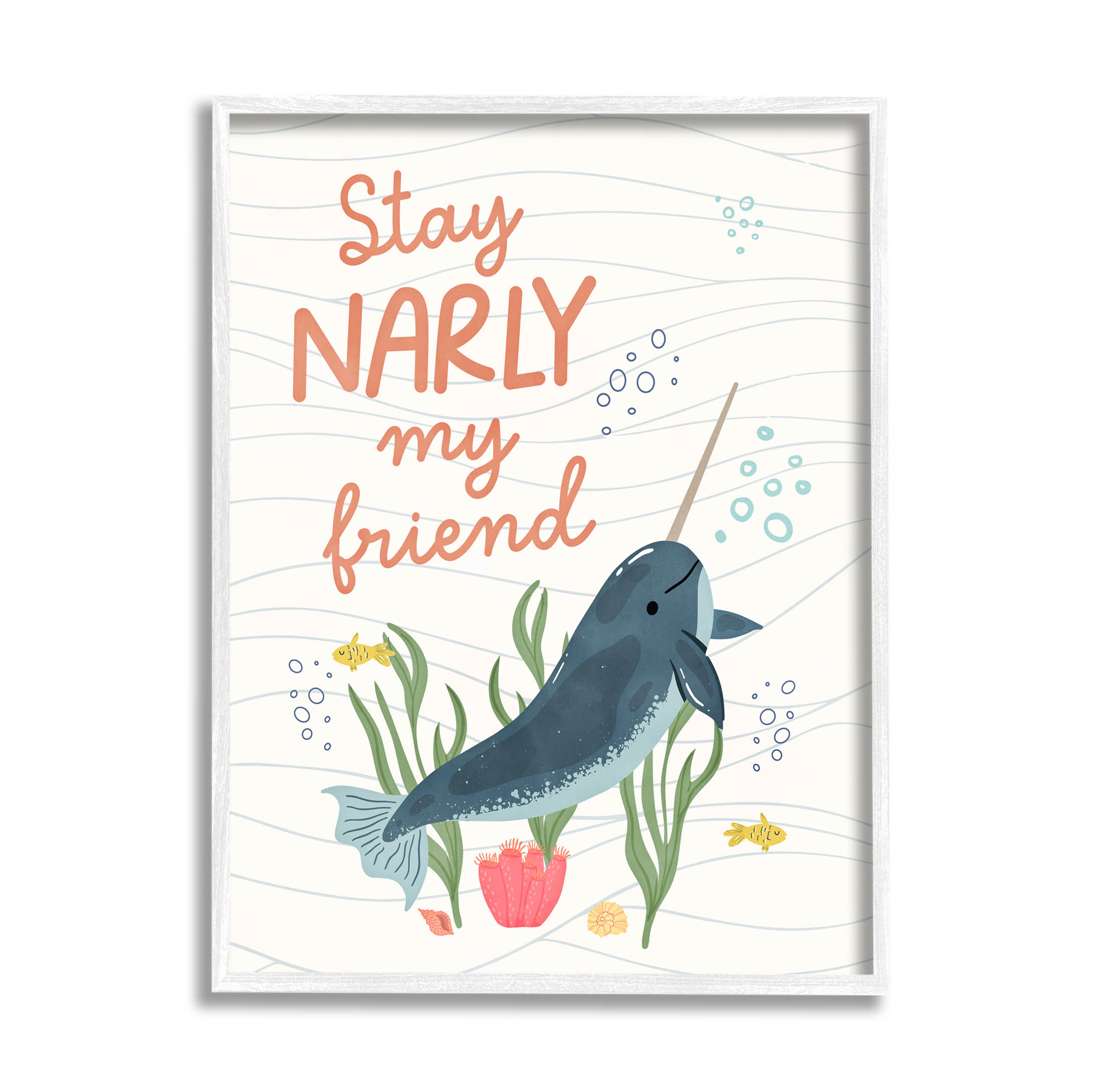 Stupell Industries Stay Narly My Friend Narwhal Graphic Art White Framed Art Print Wall Art, Design by Nina Blue