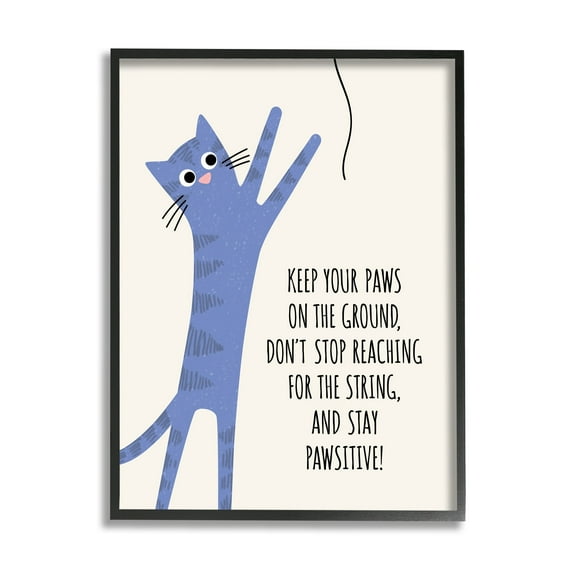 Stupell Industries Stay Pawsitive Cartoon Cat Playing Positivity Sentiment Graphic Art Black Framed Art Print Wall Art, Design by Jennifer Wambach