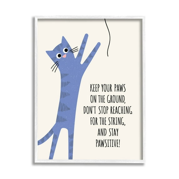 Stupell Industries Stay Pawsitive Cartoon Cat Playing Positivity Sentiment Graphic Art White Framed Art Print Wall Art, Design by Jennifer Wambach