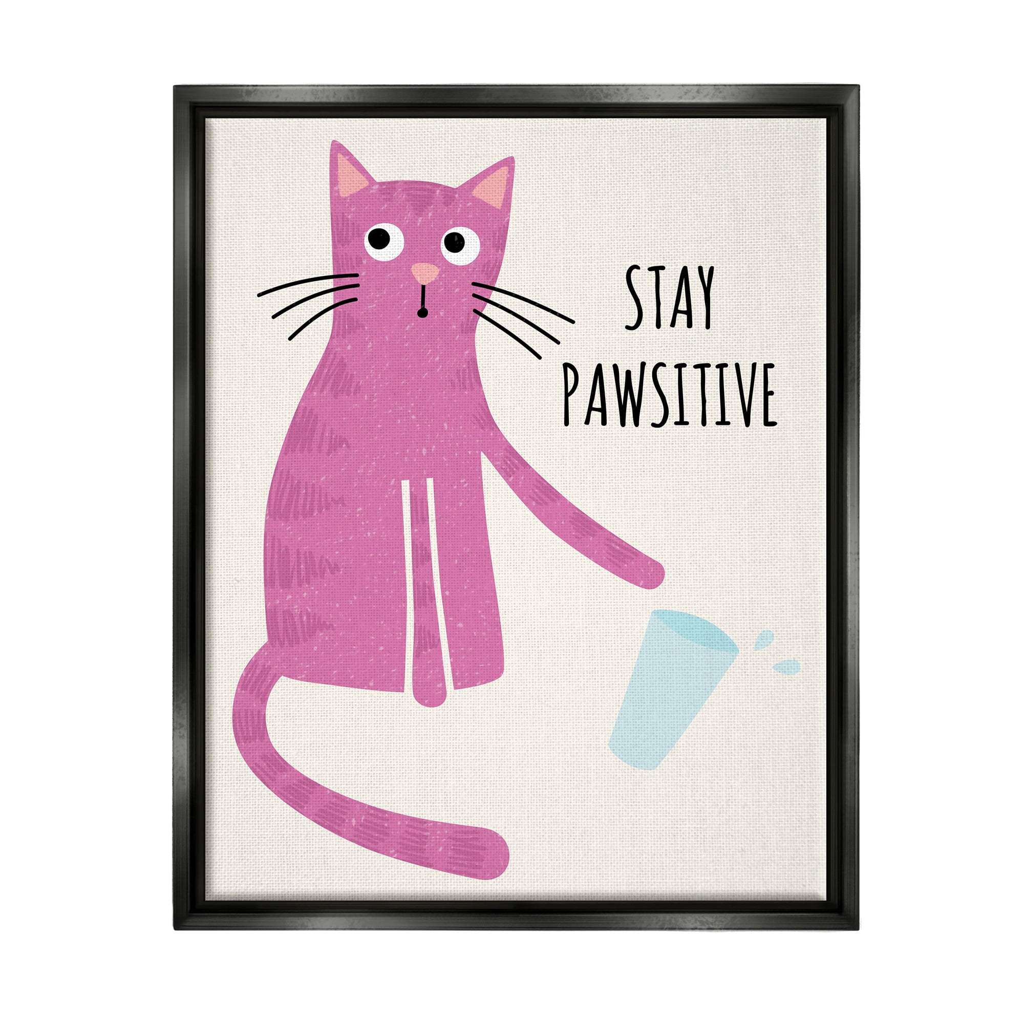 Stupell Industries Stay Pawsitive Endearing Pink Cat Knocking Over Glass Graphic Art Jet Black Floating Framed Canvas Print Wall Art, Design by Jennifer Wambach