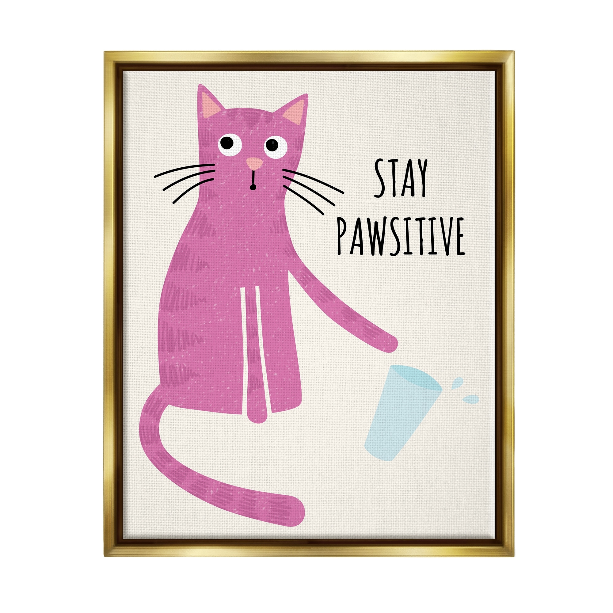 Stupell Industries Stay Pawsitive Endearing Pink Cat Knocking Over Glass Graphic Art Metallic Gold Floating Framed Canvas Print Wall Art, Design by Jennifer Wambach
