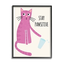 Stupell Industries Stay Pawsitive Endearing Pink Cat Knocking Over Glass Graphic Art Black Framed Art Print Wall Art, Design by Jennifer Wambach