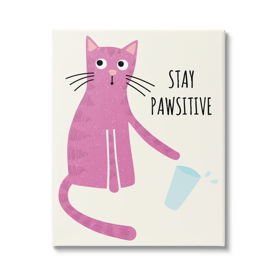 Stupell Industries Stay Pawsitive Endearing Pink Cat Knocking Over Glass Graphic Art Gallery Wrapped Canvas Print Wall Art, Design by Jennifer Wambach