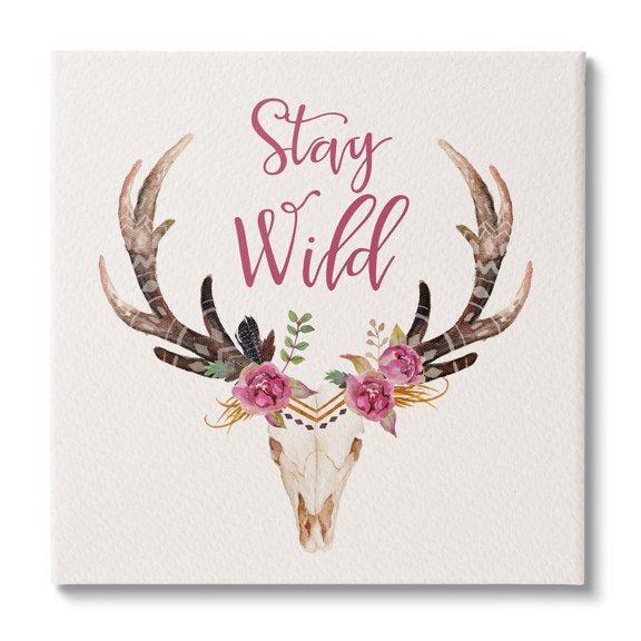Stupell Industries Stay Wild Boho Chic Floral Deer Skull Antlers Canvas Wall Art, 24 x 24, Design by Amy Brinkman