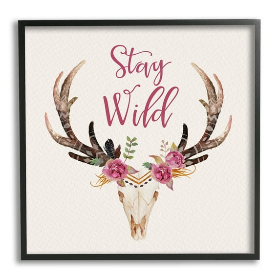 Stupell Industries Stay Wild Boho Chic Floral Deer Skull Antlers Framed Wall Art, 17 x 30, Design by Amy Brinkman