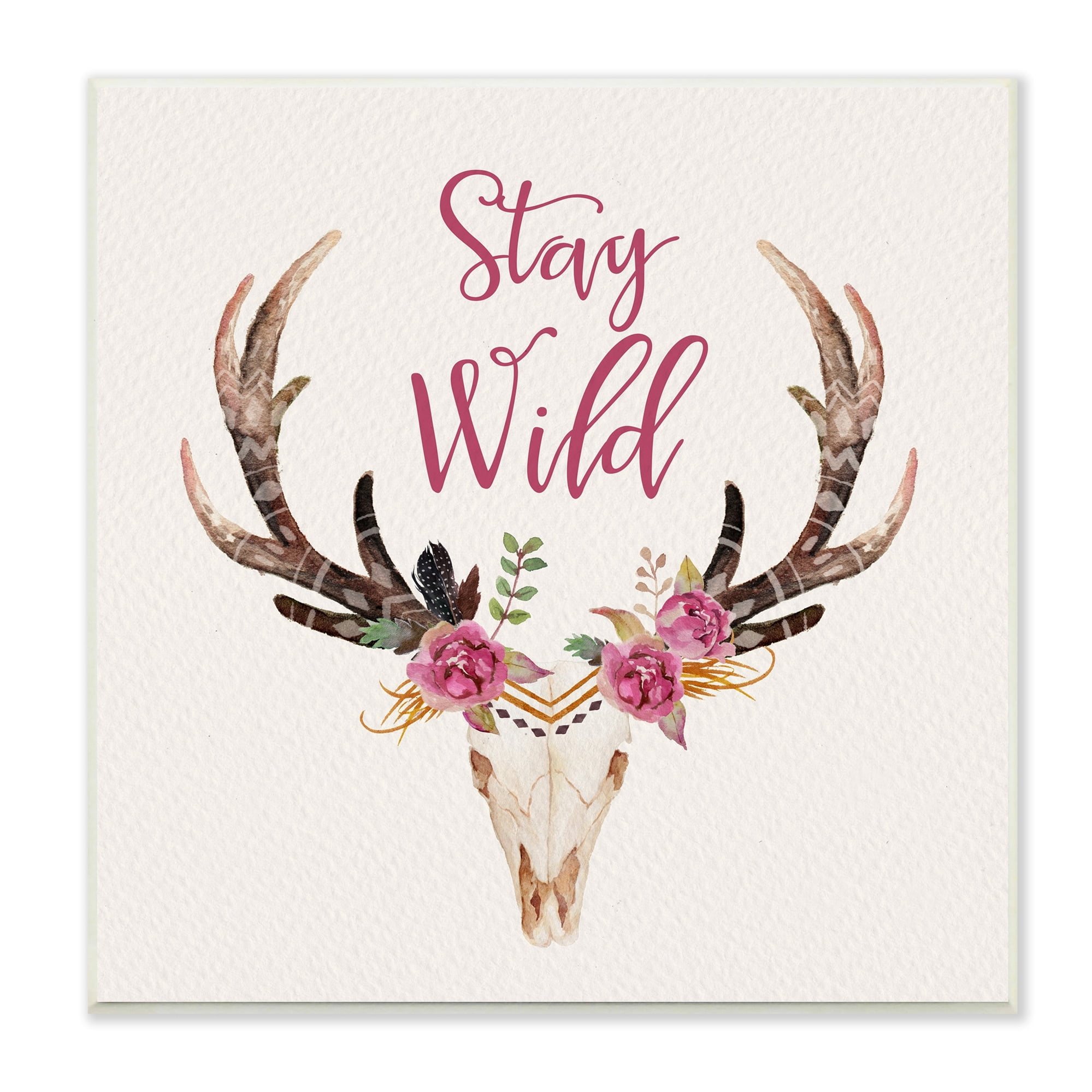 Stupell Industries Stay Wild Boho Chic Floral Deer Skull Antlers Wood Wall Art, 12 x 12, Design by Amy Brinkman