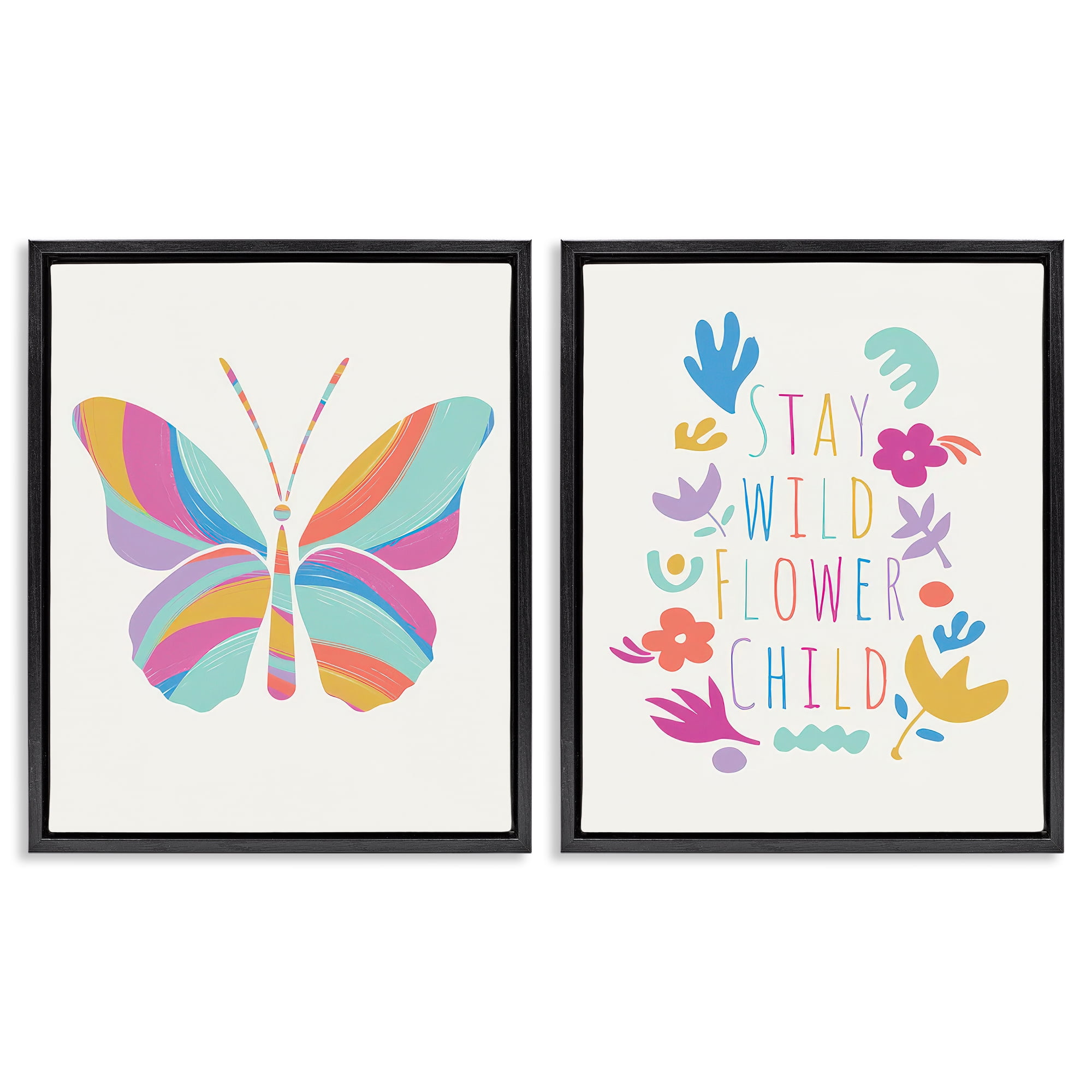 Stupell Industries Stay Wild Butterfly Text & Numbers Painting Black Floater Framed Canvas Art Print Wall Art, 17 x 21, Set of 2