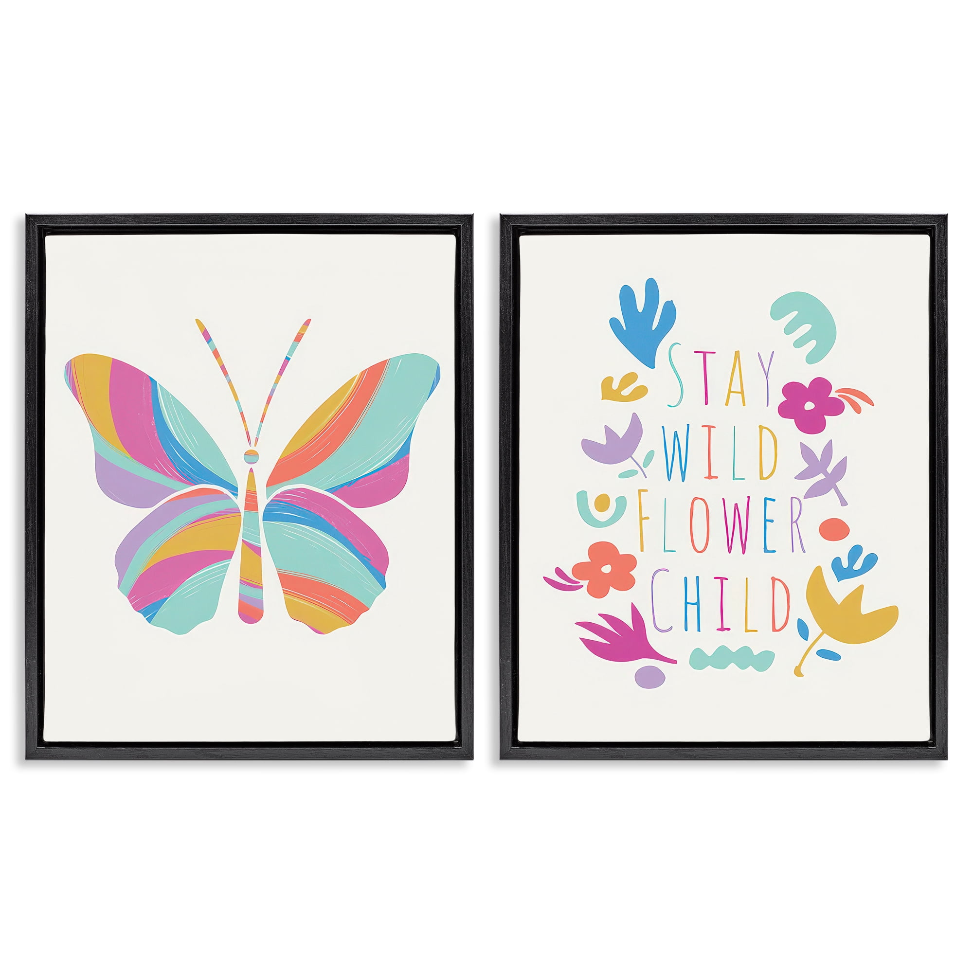 Stupell Industries Stay Wild Butterfly Text & Numbers Painting Black Floater Framed Canvas Art Print Wall Art, 31 x 25, Set of 2