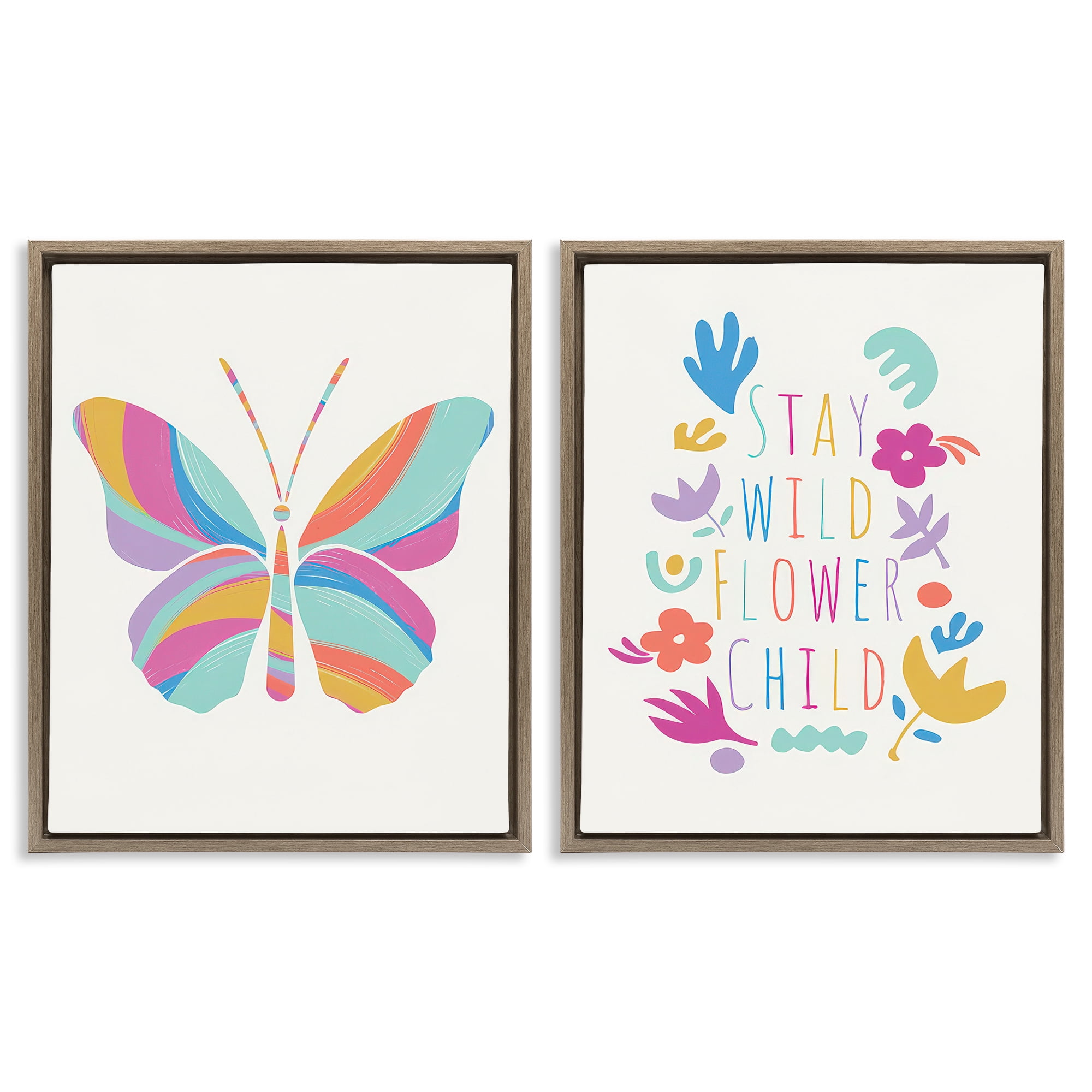 Stupell Industries Stay Wild Butterfly Text & Numbers Painting Brown Floater Framed Canvas Art Print Wall Art, 17 x 21, Set of 2