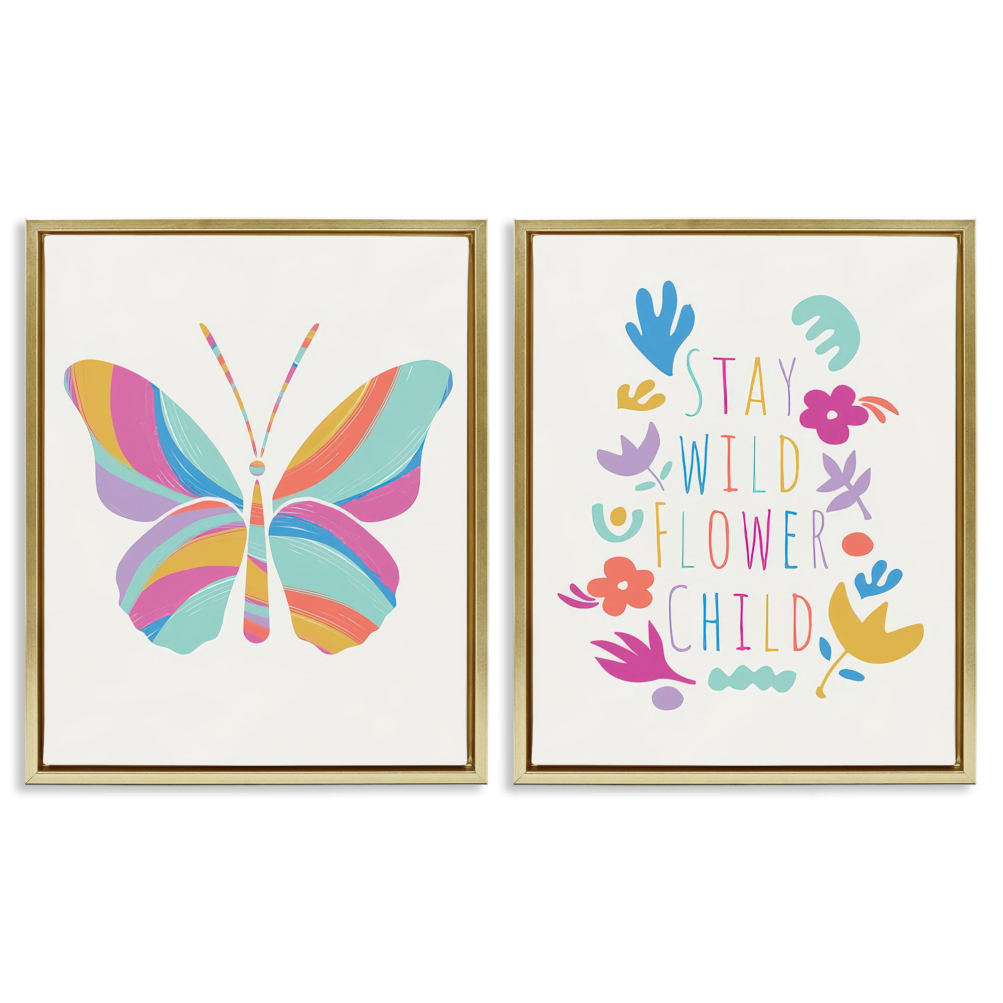 Stupell Industries Stay Wild Butterfly Text & Numbers Painting Gold Floater Framed Canvas Art Print Wall Art, 17 x 21, Set of 2